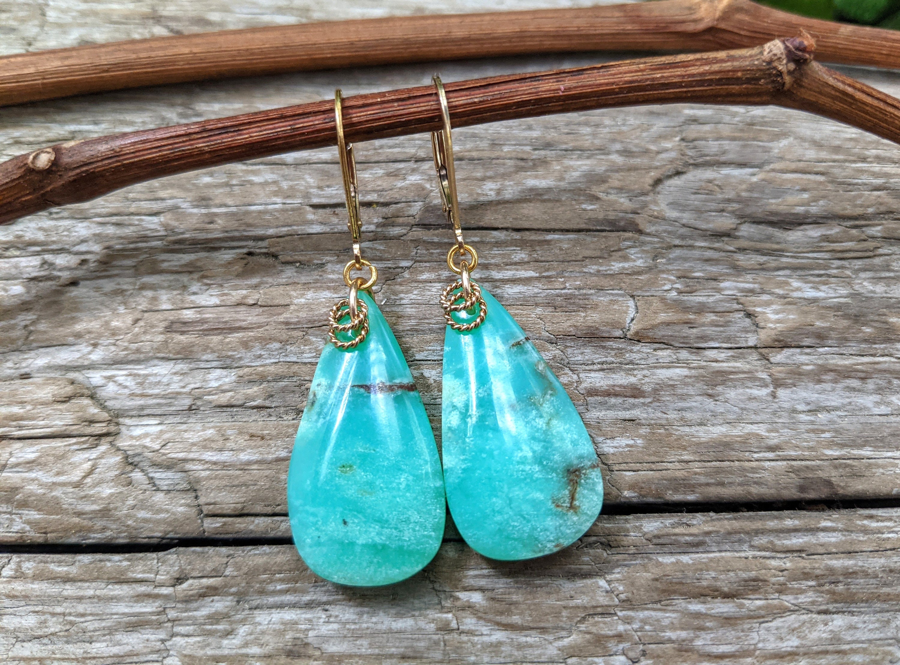 Chrysoprase Teardrop Dangle Earrings: Gold Filled Silver, Boho Luxury Jewelry, Gift For Her