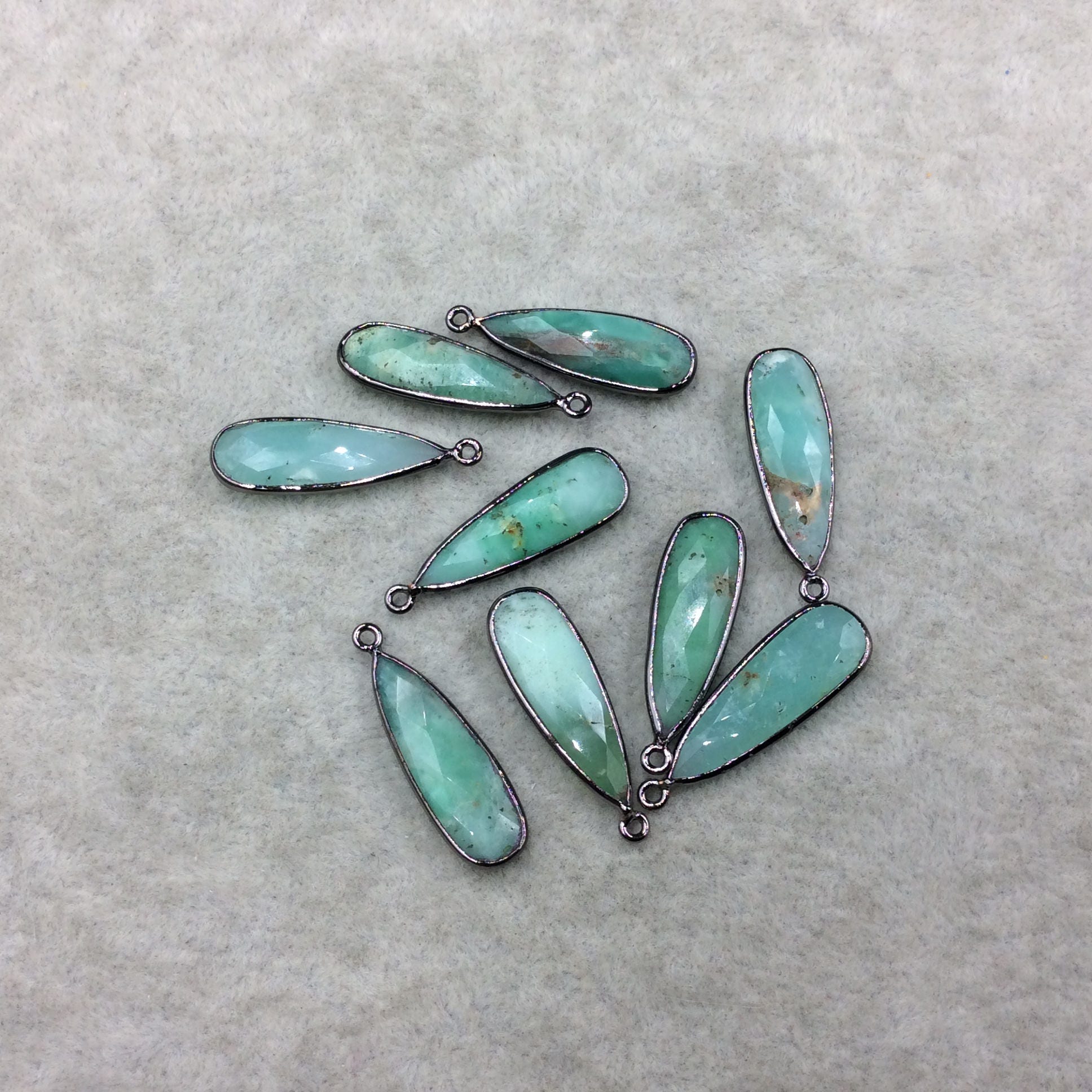 Gunmetal Plated Faceted Natural Chrysoprase Long Teardrop Shaped Bezel Pendant- Measuring 10mm X 25mm - Sold Individually, Chosen Randomly