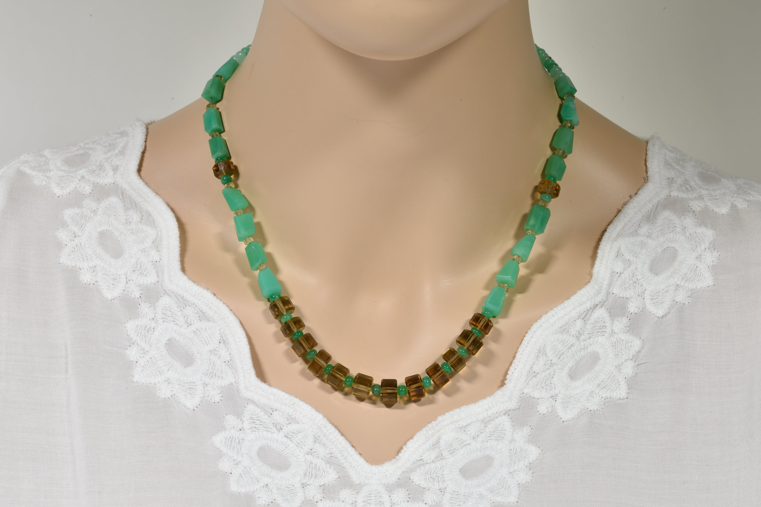 Chrysoprase And Whiskey Quartz Necklace, Hight Quality Gemstone Statement Necklace