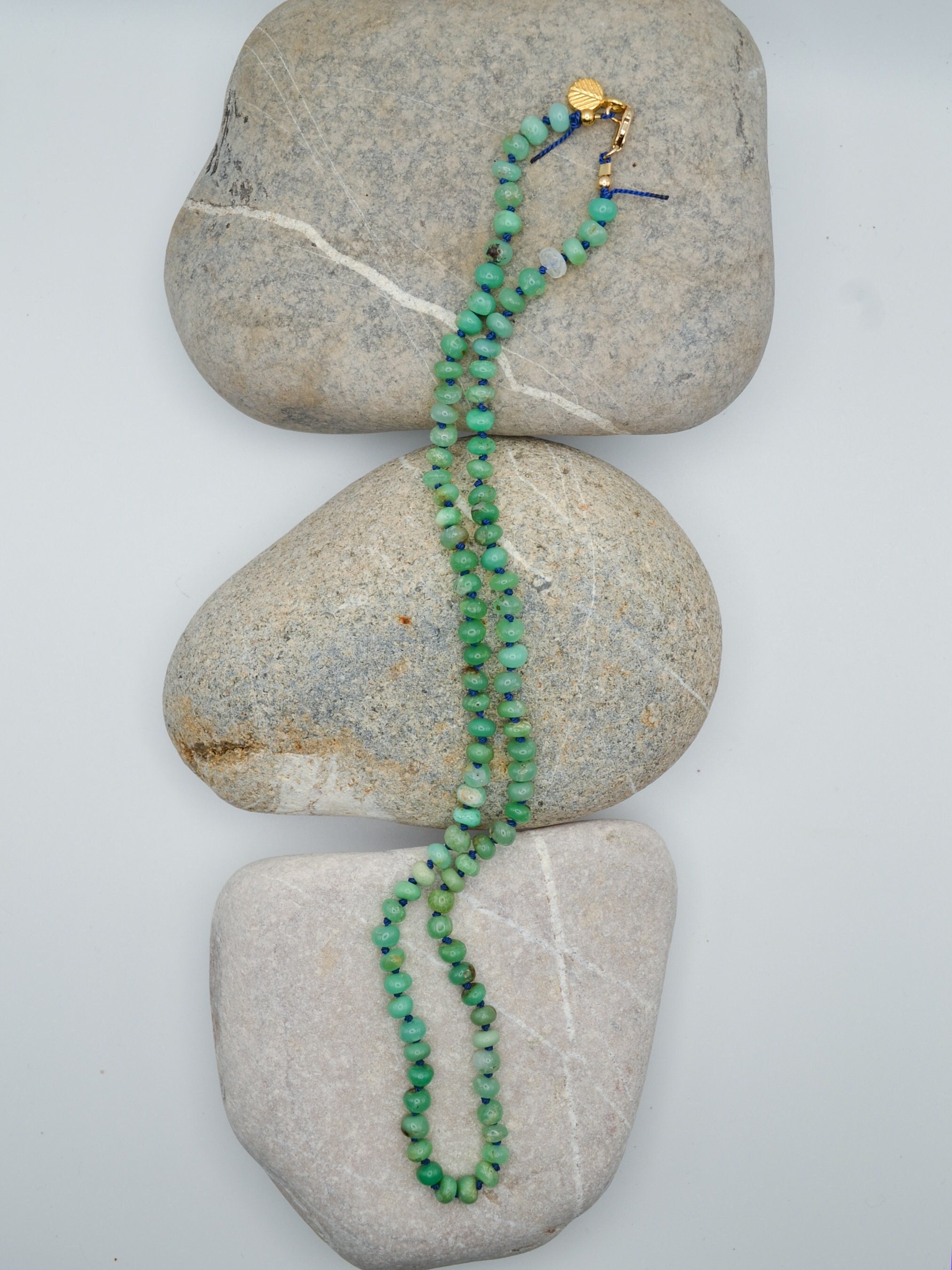 Chrysoprase Beaded Necklace: Hand Knotted Gemstone, 14k Gold-fill Chrysoprase Beaded Necklace: Hand Knotted Gemstone, 14k Gold-fill