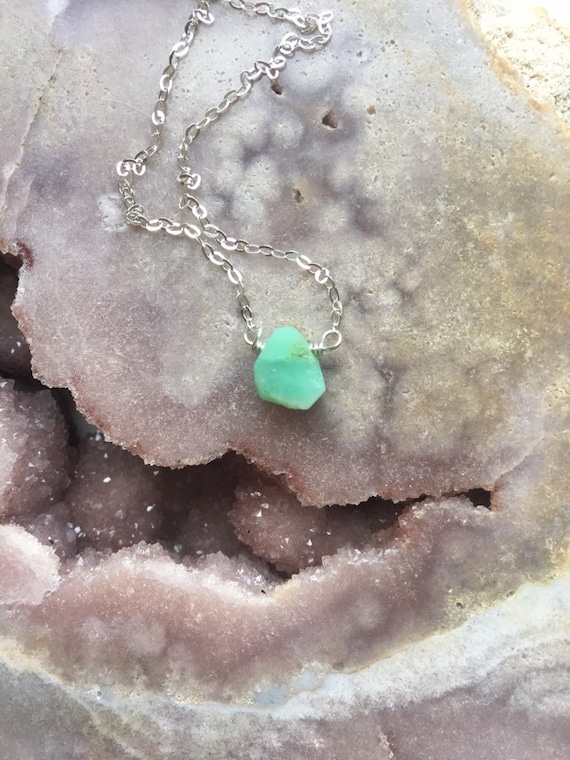 Dainty Raw Chrysoprase Necklace: Sterling Silver, Mint Green Stone