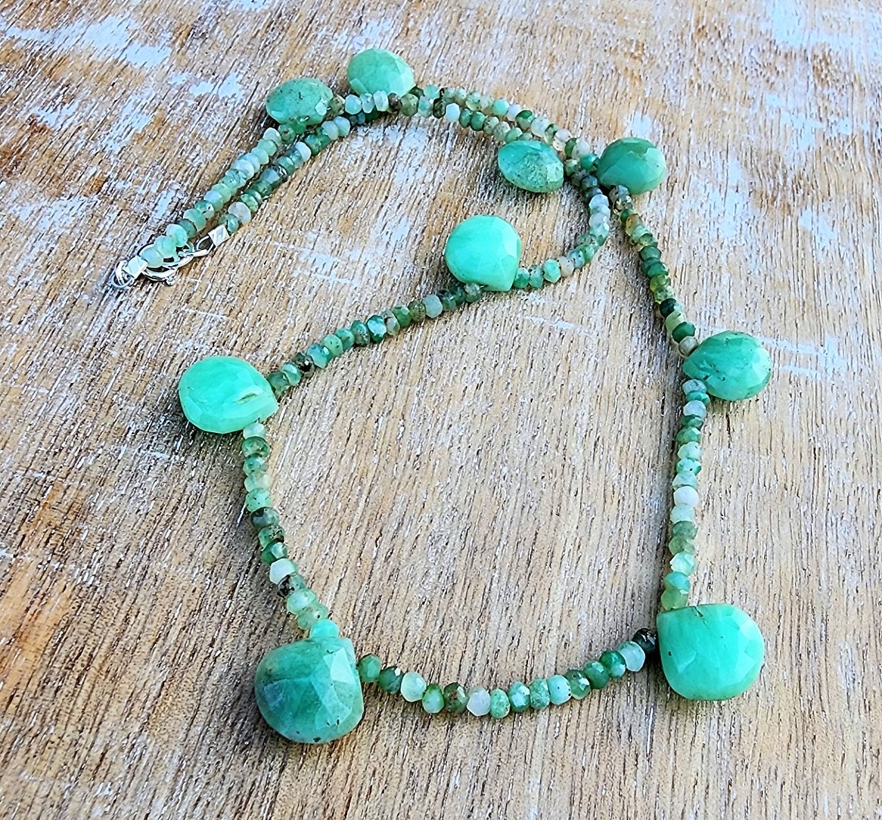 Chrysoprase Gemstone Choker Necklace Sterling Silver, 16 Inch Necklace, Light Green Teardrop Gemstone Layering Necklace, Everyday Necklace