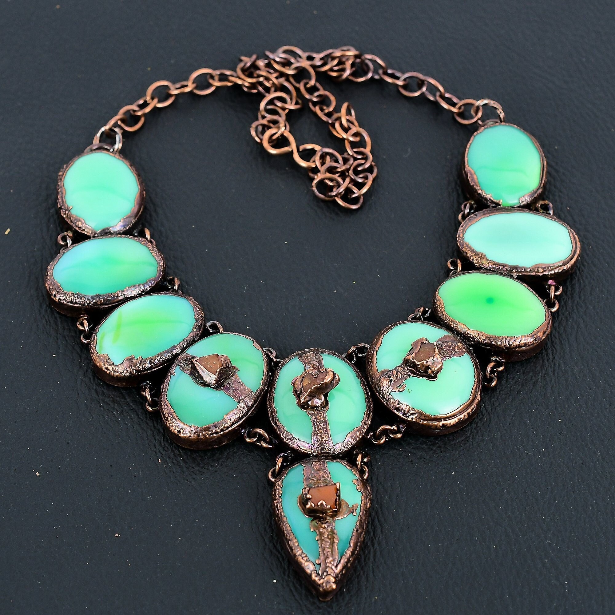 Lemon Chrysoprase Natural Stone Necklace, Electroformed Copper Necklace, Natural Crystal Jewelry, Adjustable Chain Necklace, Boho Jewelry