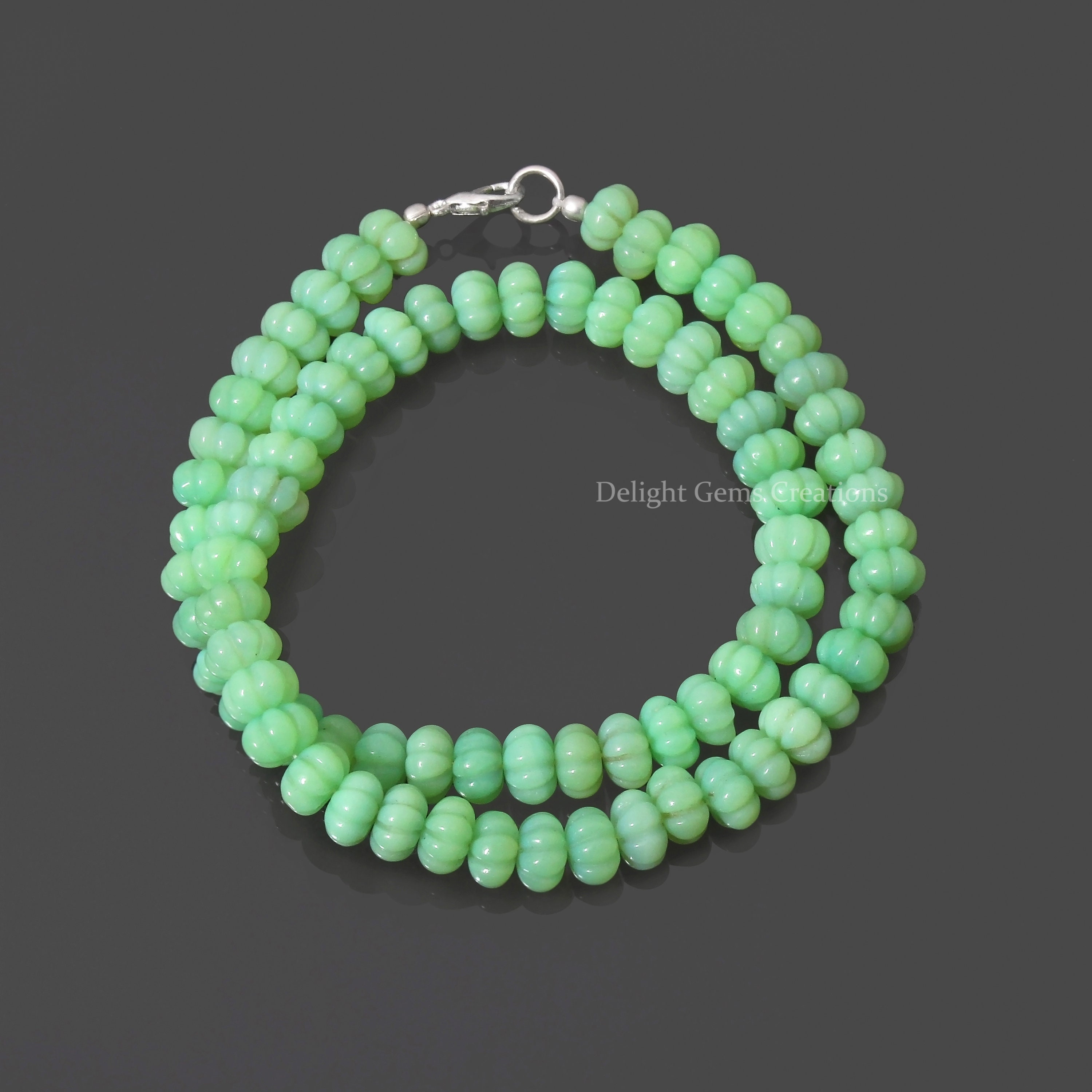 Muskmelon Shape Chrysoprase Beads Necklace, 8.5-9mm Green Chrysoprase Gemstone Beaded Jewelry With 925 Sterling Silver Clasp, Gift For Her