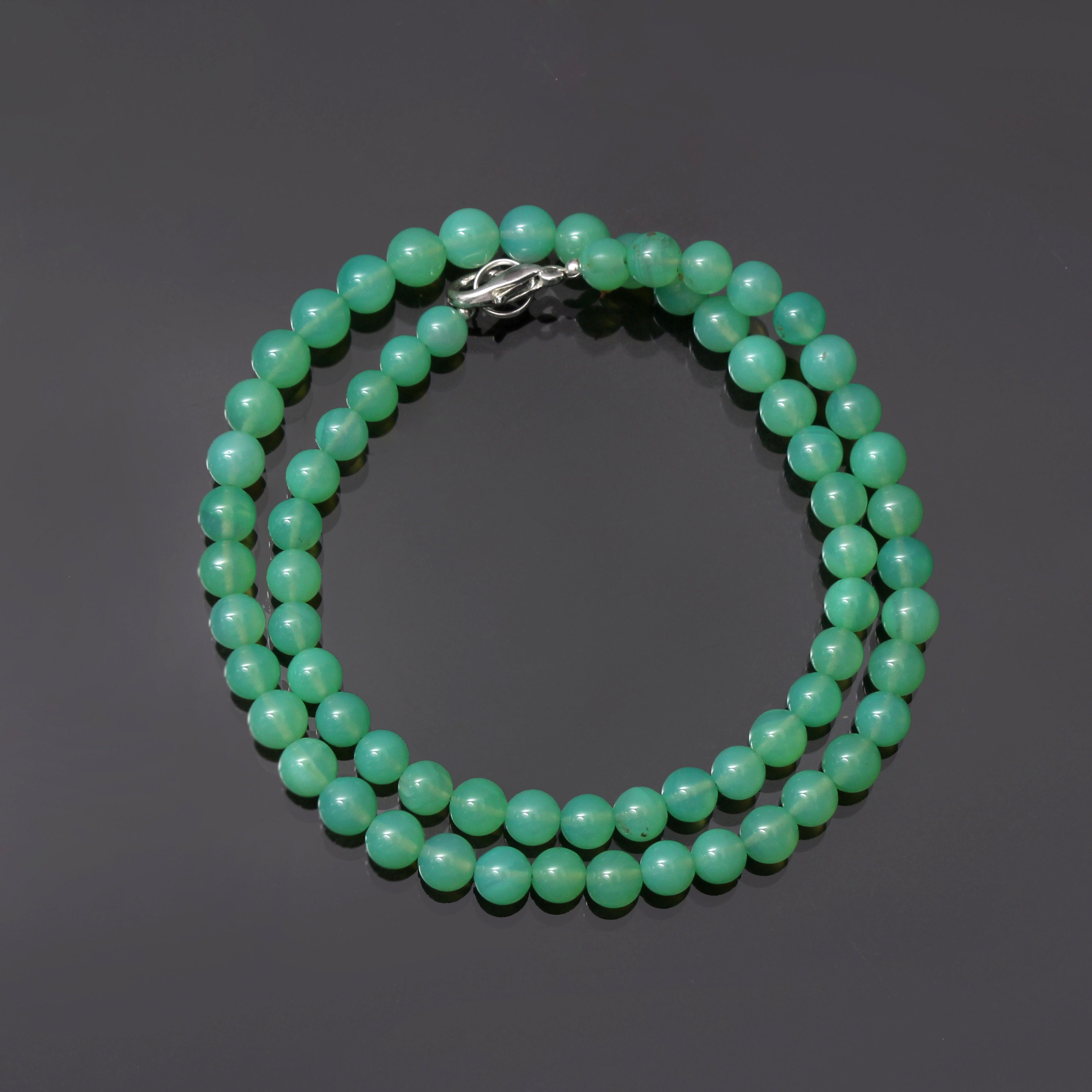 Natural Green Chrysoprase Beaded Necklace - 925 Clasp, 6mm Round Gemstone