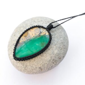 Natural Chrysoprase Necklace, Upside Down Tear Drop Shape, Chrysoprase Macrame Necklace, Green Earth Brown, Adjustable Length, For Him