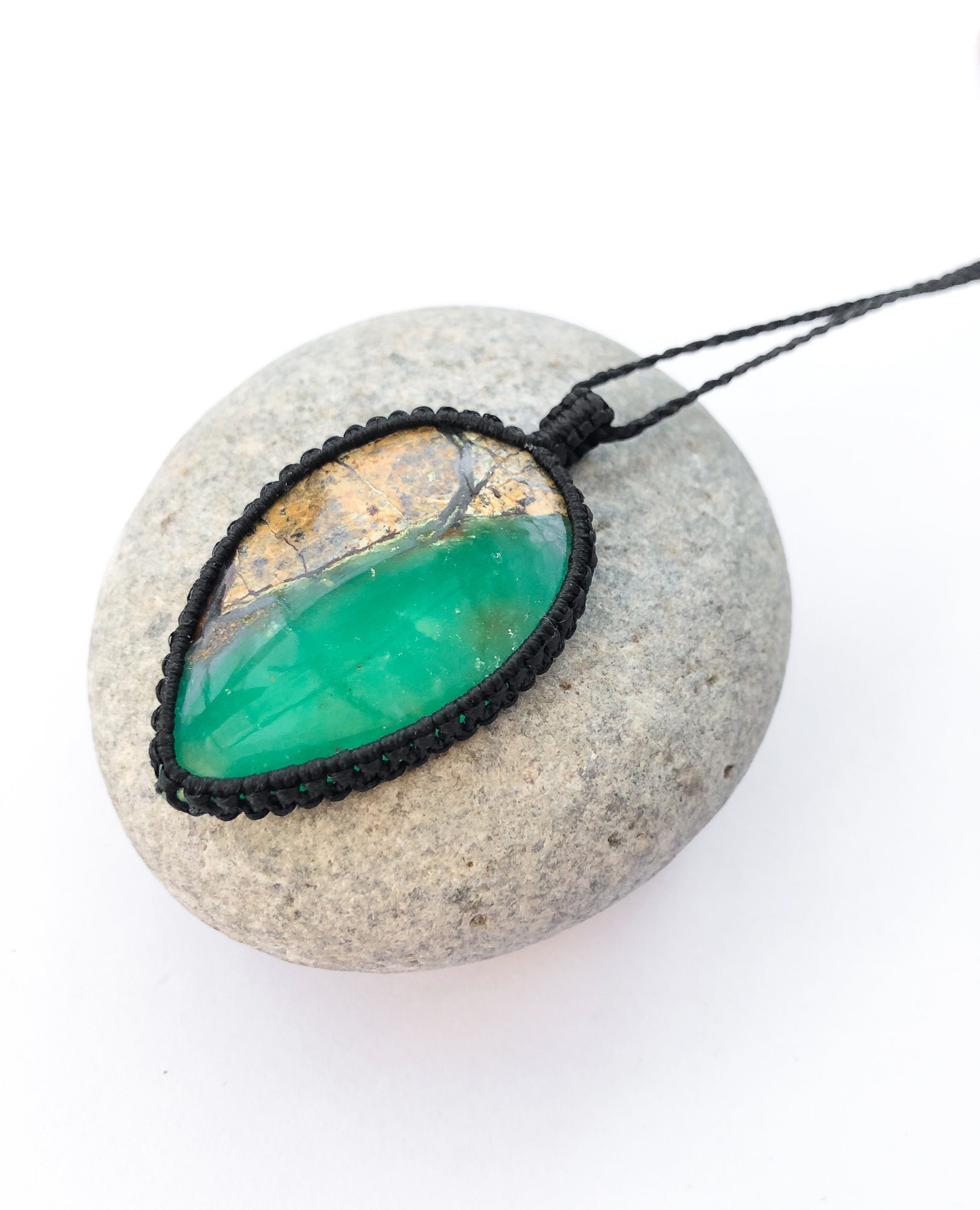Natural Chrysoprase Necklace, Upside Down Tear Drop Shape, Chrysoprase Macrame Necklace, Green Earth Brown, Adjustable Length, For Him
