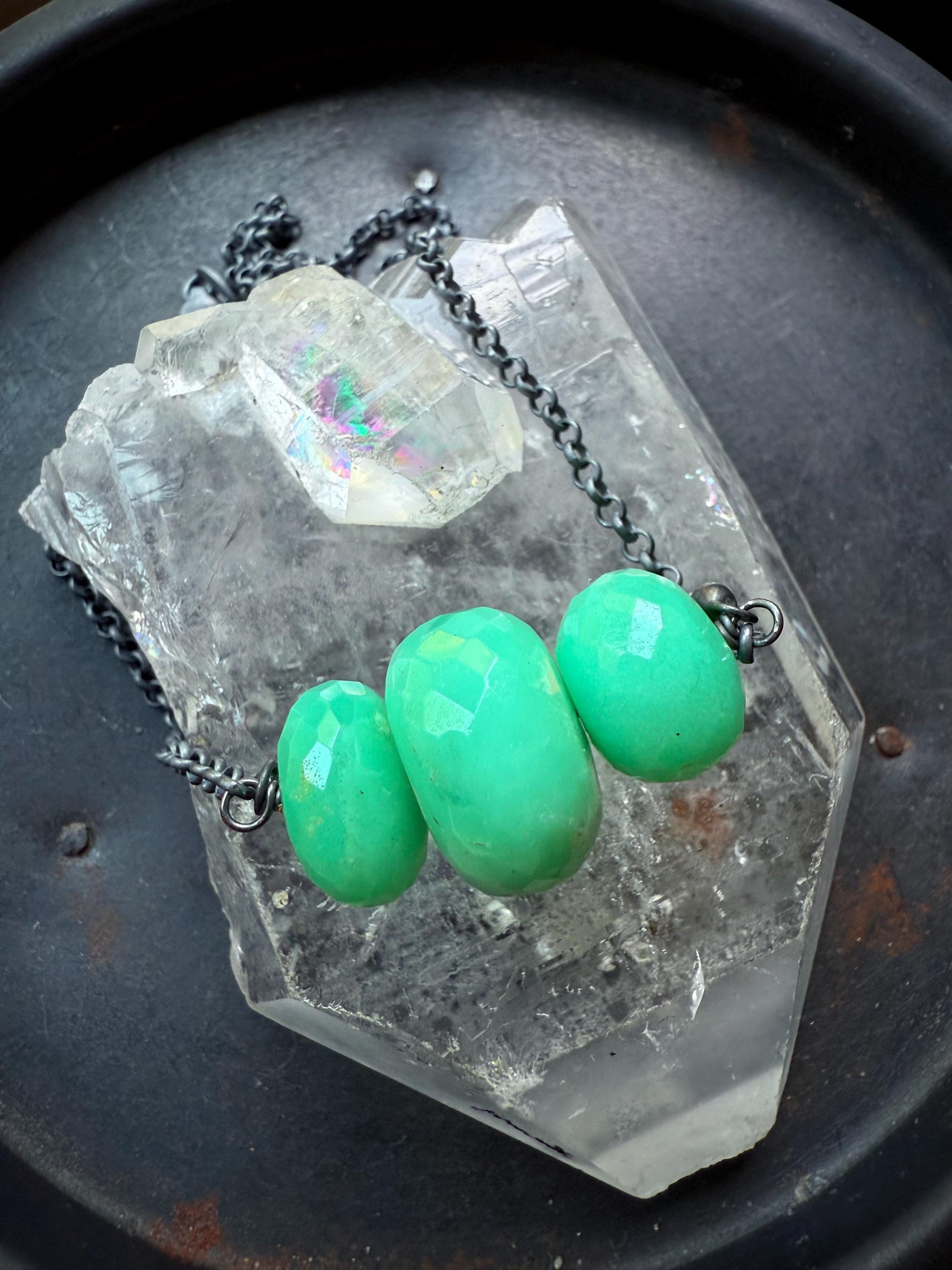 Chrysoprase Nugget Necklace: Blackened Sterling Silver, Mint Green Stone Chrysoprase Nugget Necklace: Blackened Sterling Silver, Mint Green Stone