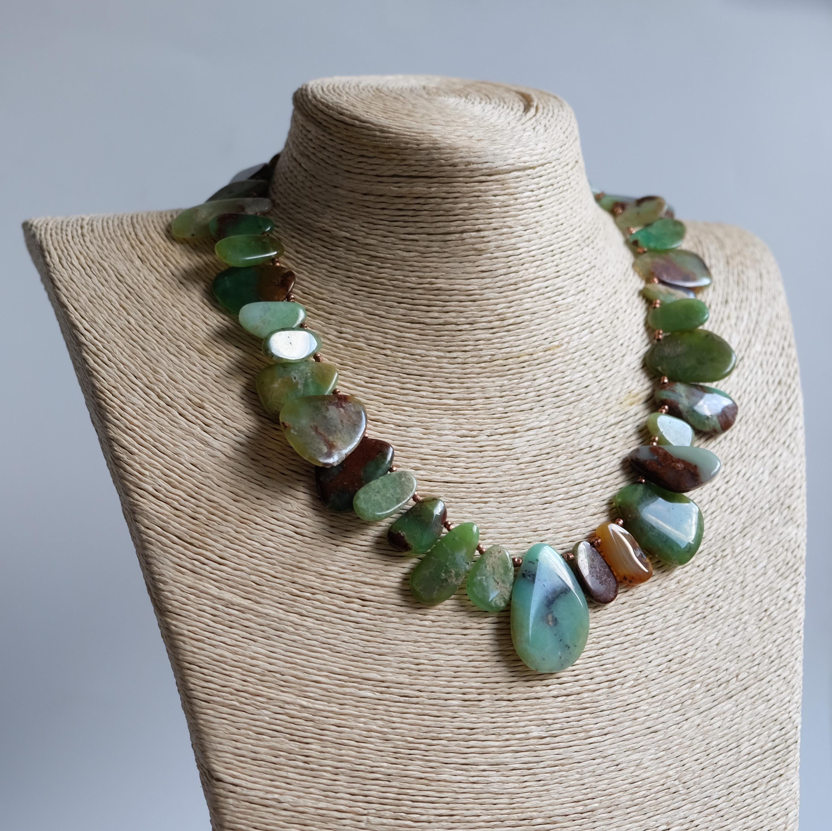Prosperity, Love & Truth Chrysoprase Flat Pebble Oval Tear Drop Handmade 17.5'' Necklace With Pure Copper S Clasp
