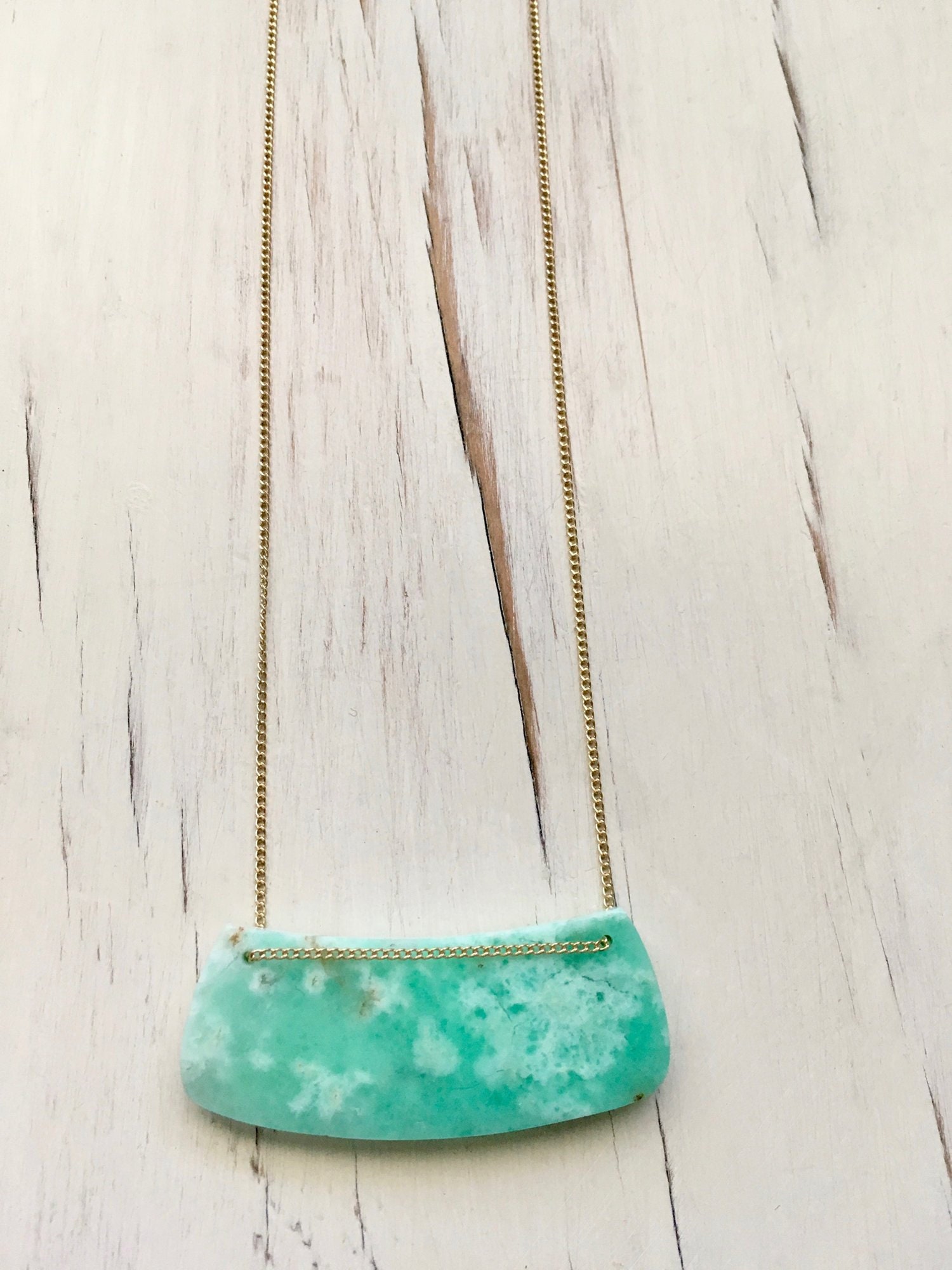 Chrysoprase Statement Necklace: Curved Gemstone Bar, Gold Filled Chain