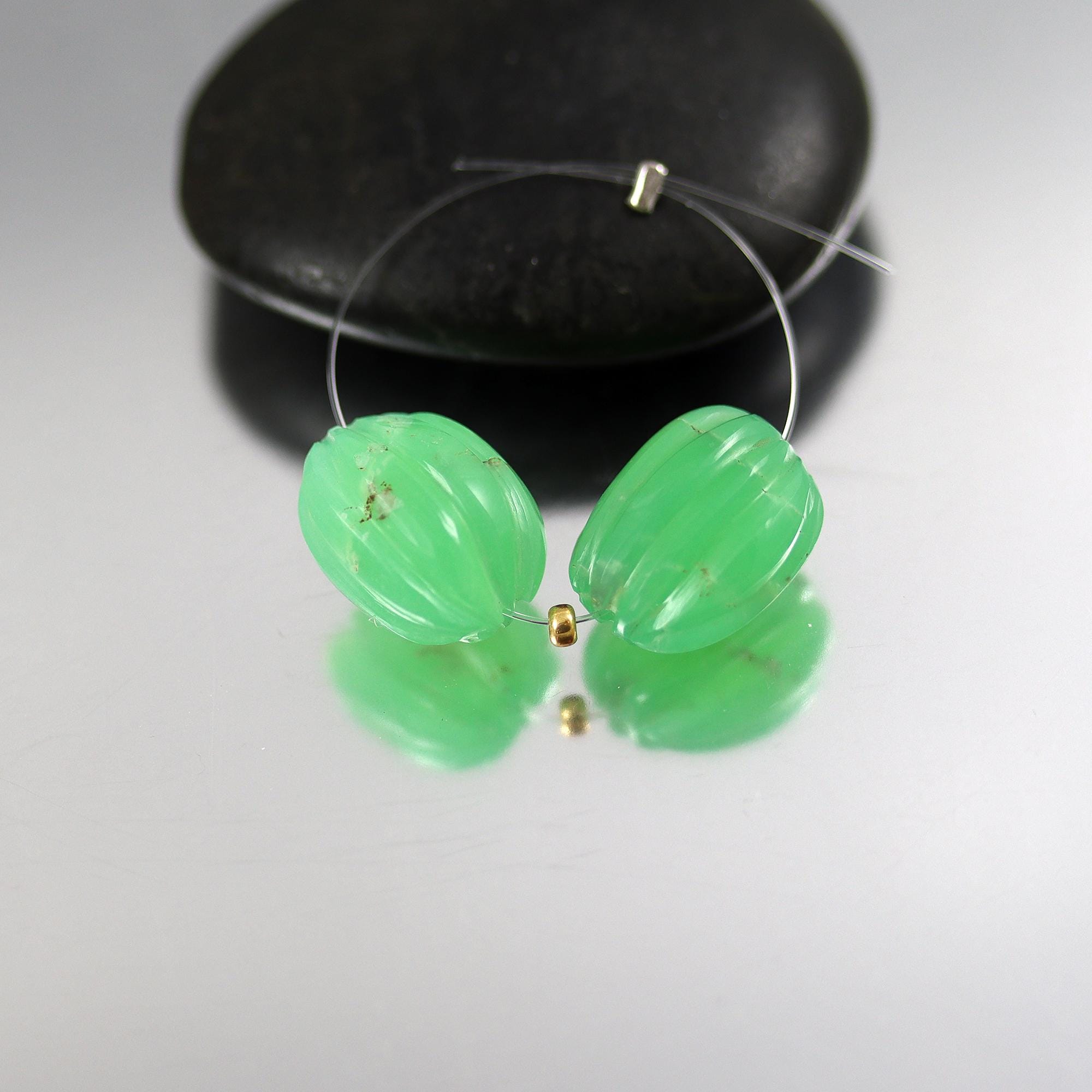 Chrysoprase Carved Melon Beads - Pair - 10 X 14 Mm