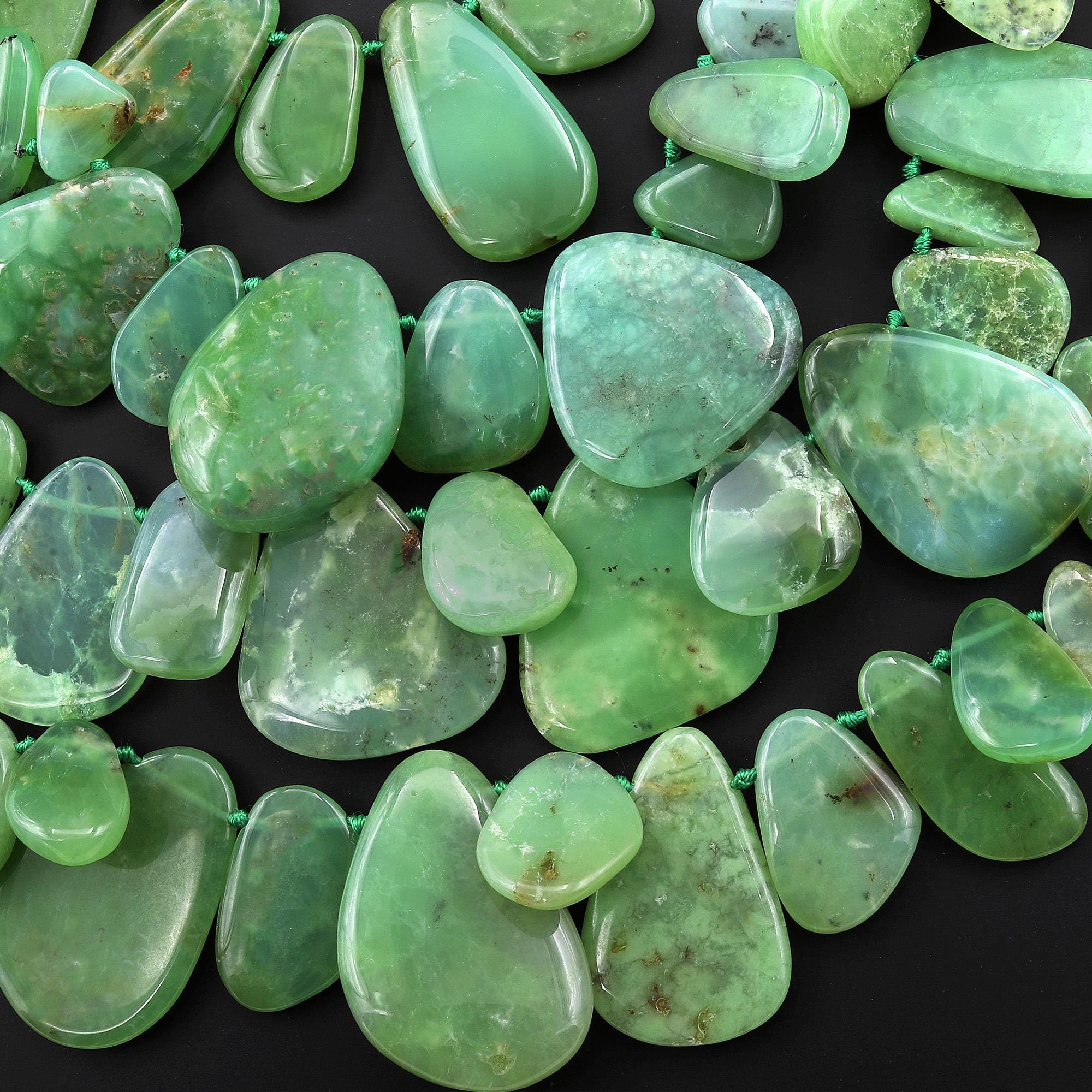 Hand Cut Natural Australian Green Chrysoprase Beads Freeform Smooth Teardrop Petal Top Side Drilled Gemstone 15.5" Strand