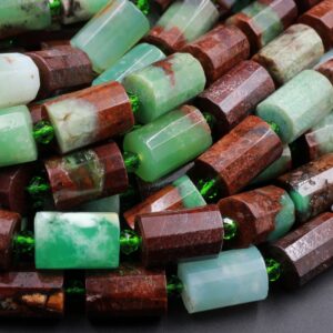 Natural Australian Green Chrysoprase Faceted Tube Rectangle Beads Cylinder Green Brown Bead 15.5" Strand