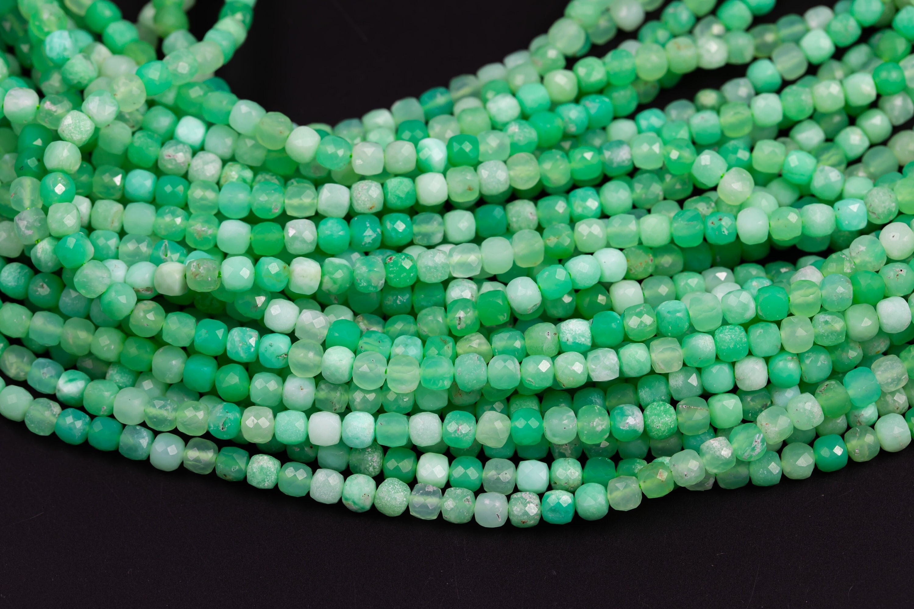 Natural Chrysoprase Faceted Cube Beads Size 3mm Or 4mm 15.5" Strand