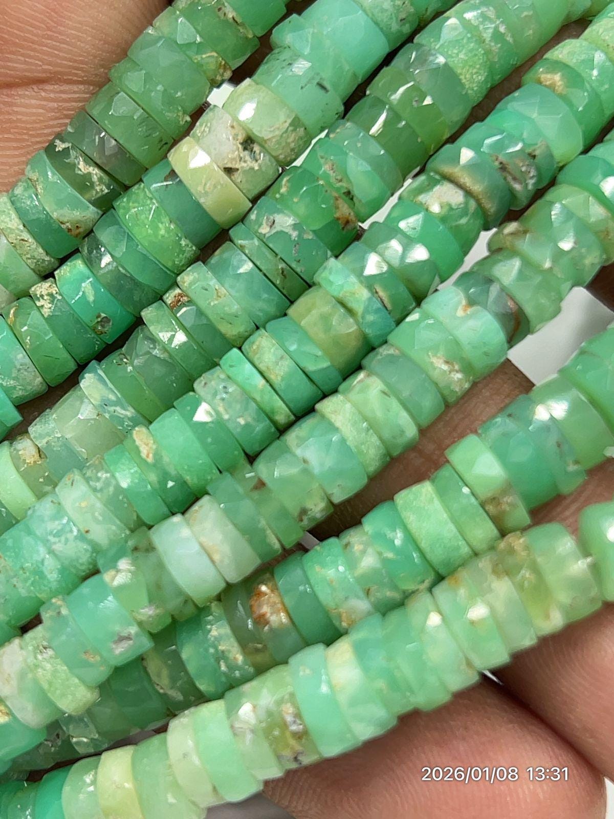 Natural Green Chrysoprase Faceted Heishi Beads – 6–7mm Gemstone Spacer Strand