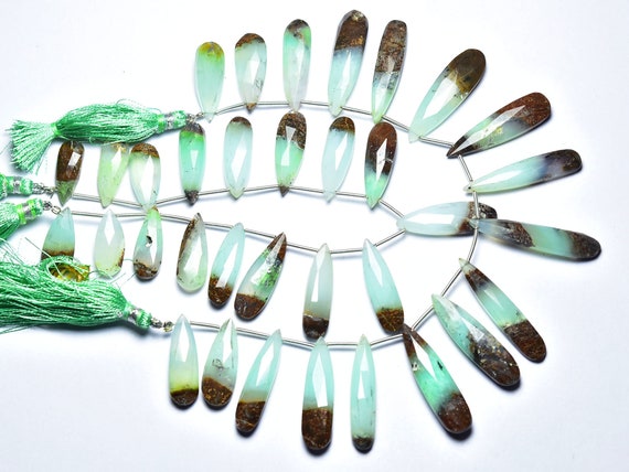 Rarest Aqua Bi Chrysoprase Pear Beads - 8 Inches - Natural Faceted Elongated Chrysoprase Pear Briolette - Size Is 8x19 - 8x39 Mm #2841