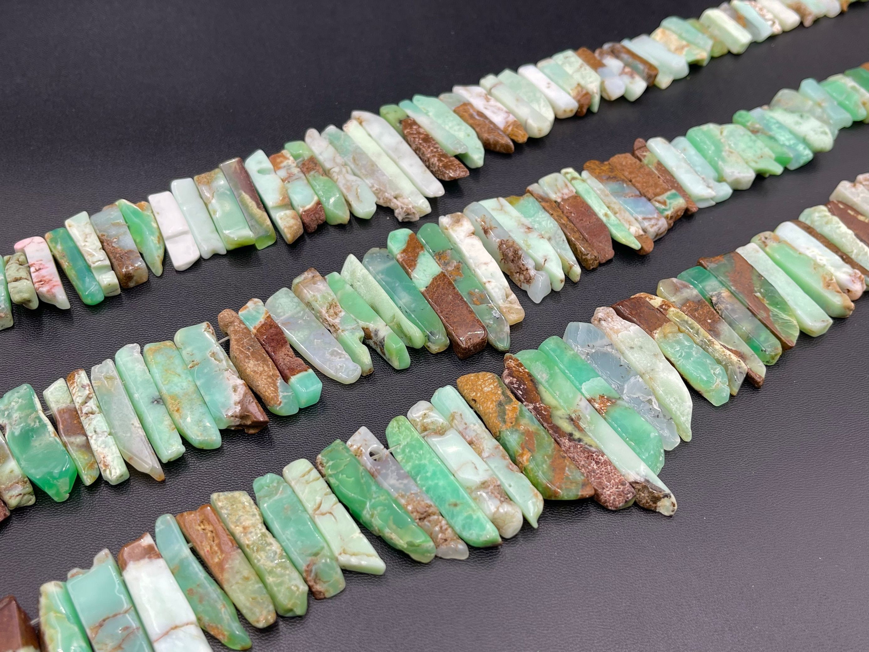 Chrysoprase Stick Beads Green Gemstone Chrysoprase Stick Point Slice Top Drilled Graduated Australian Jade 5-8*20-40mm 15.5" Full Strand Chrysoprase Stick Beads Green Gemstone Chrysoprase Stick Point Slice Top Drilled Graduated Australian Jade 5-8*20-40mm 15.5" Full Strand