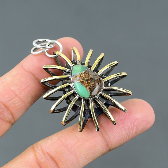 Boulder Chrysoprase 925 Sterling Silver Pendant: 18k Gold Plated Cage Jewelry