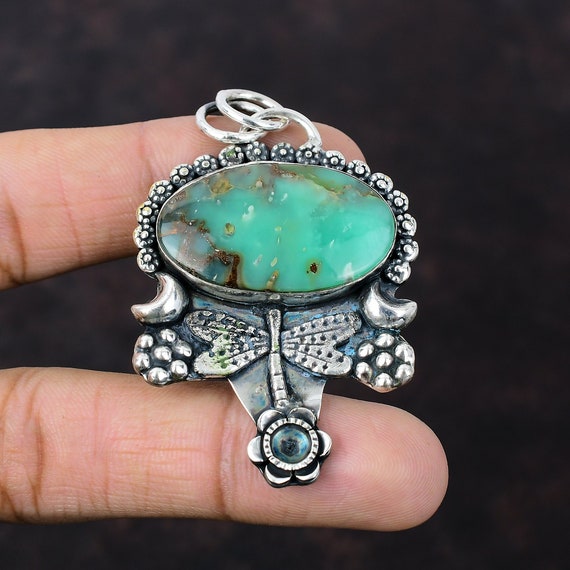 Chrysoprase Dragonfly Pendant: Handmade Sterling Silver Boho Jewelry