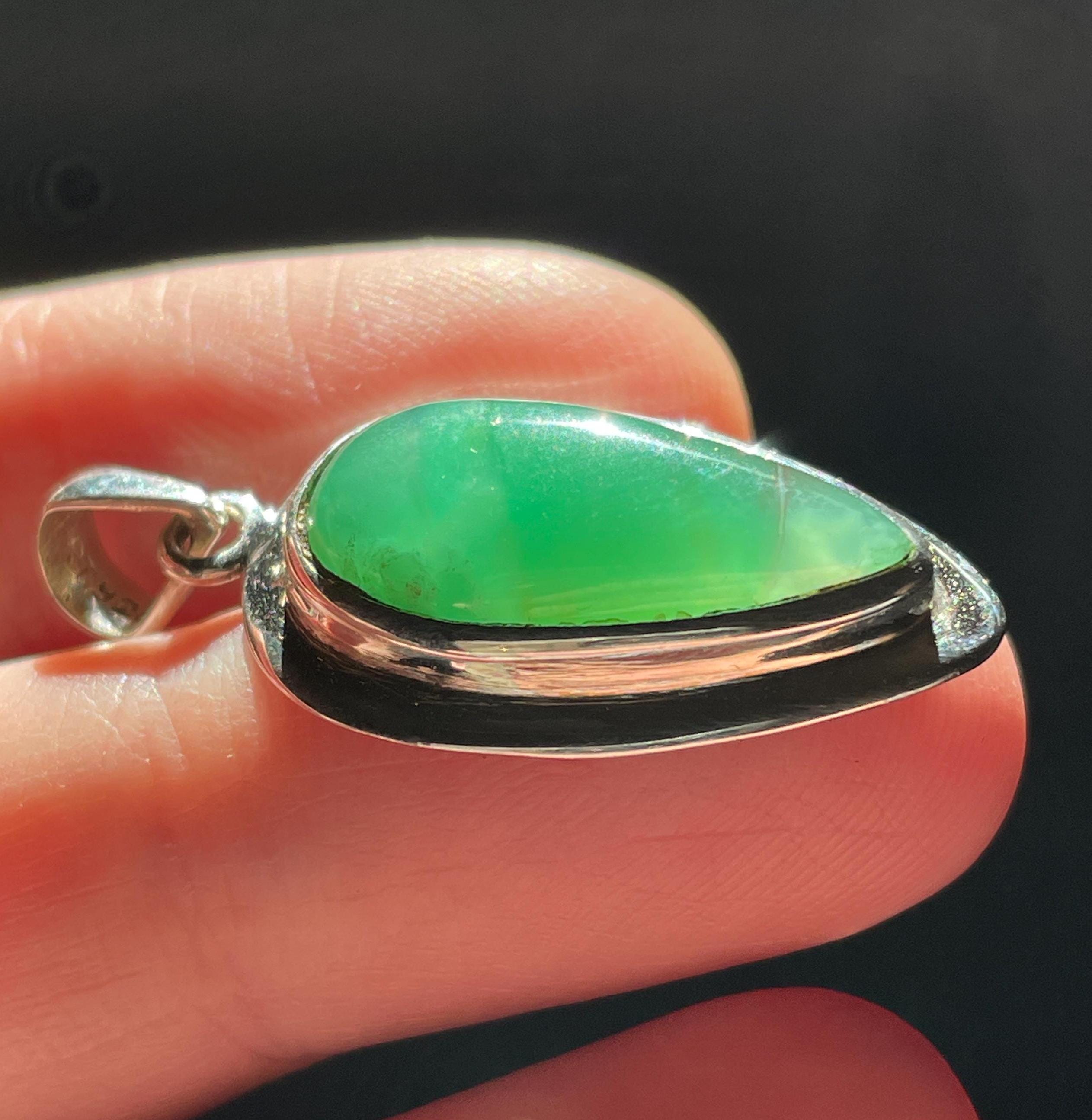 Glowing Chrysoprase Pendant - Natural Chrysoprase With Subtle Glowing Green Layers - Handmade Solid Sterling Silver Teardrop Pendant