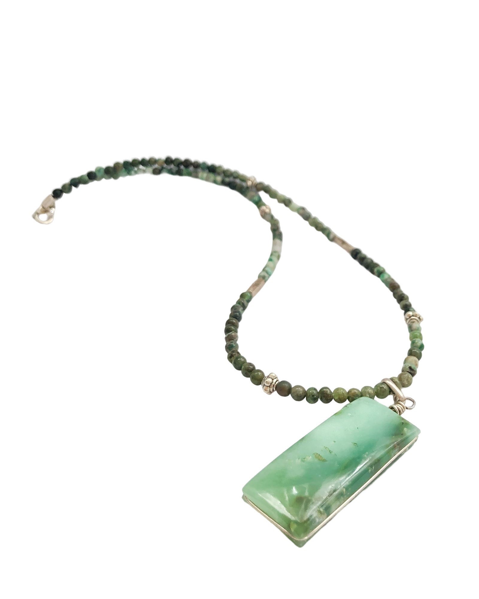 Green Chrysoprase Necklace, Natural Chrysoprase Beaded Pendant Necklace, Rectangular Shape, Natural Stone, Sterling Silver Pendant, Green