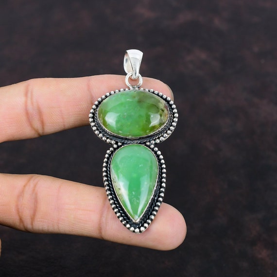 Handmade Chrysoprase Pendant: 925 Sterling Silver Vintage Jewelry