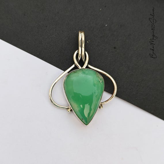 Handmade Chrysoprase Pendant: 925 Sterling Silver Pear Jewelry