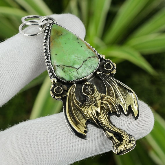 Handmade Chrysoprase Devil Pendant: 925 Sterling Silver, 18k Gold Plated