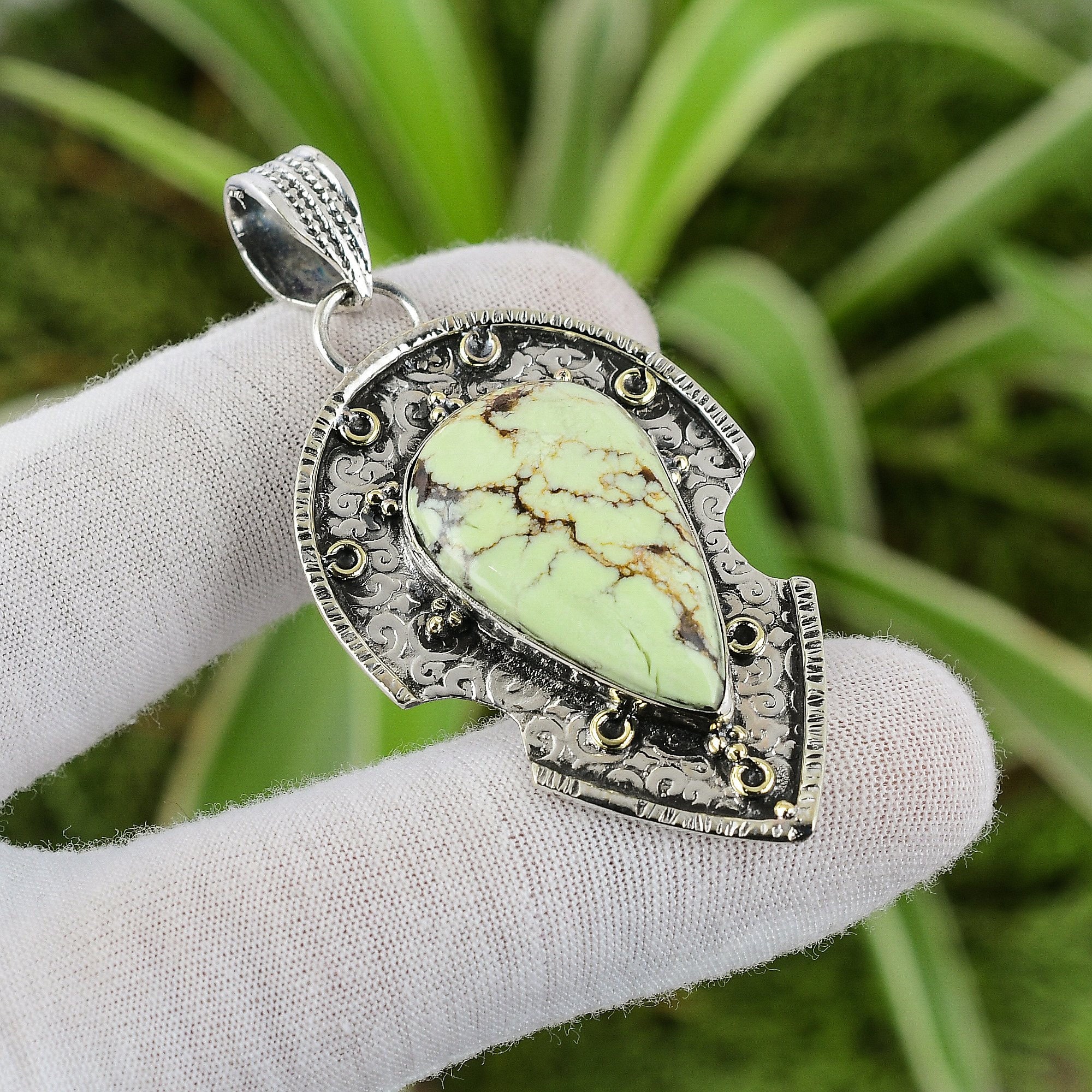 Handmade Lemon Chrysoprase Pendant: 925 Sterling Silver, 18k Gold Plated Handmade Lemon Chrysoprase Pendant: 925 Sterling Silver, 18k Gold Plated