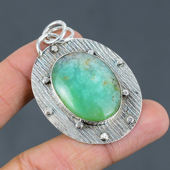 Handmade Chrysoprase Pendant: Oval Gemstone, 925 Sterling Silver, Boho Jewelry Handmade Chrysoprase Pendant: Oval Gemstone, 925 Sterling Silver, Boho Jewelry