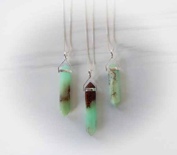 Chrysoprase Necklace Sterling Silver • Chrysoprase Pendant • Sterling Gemstone Point • Healing Crystal Necklace • Layering Necklace