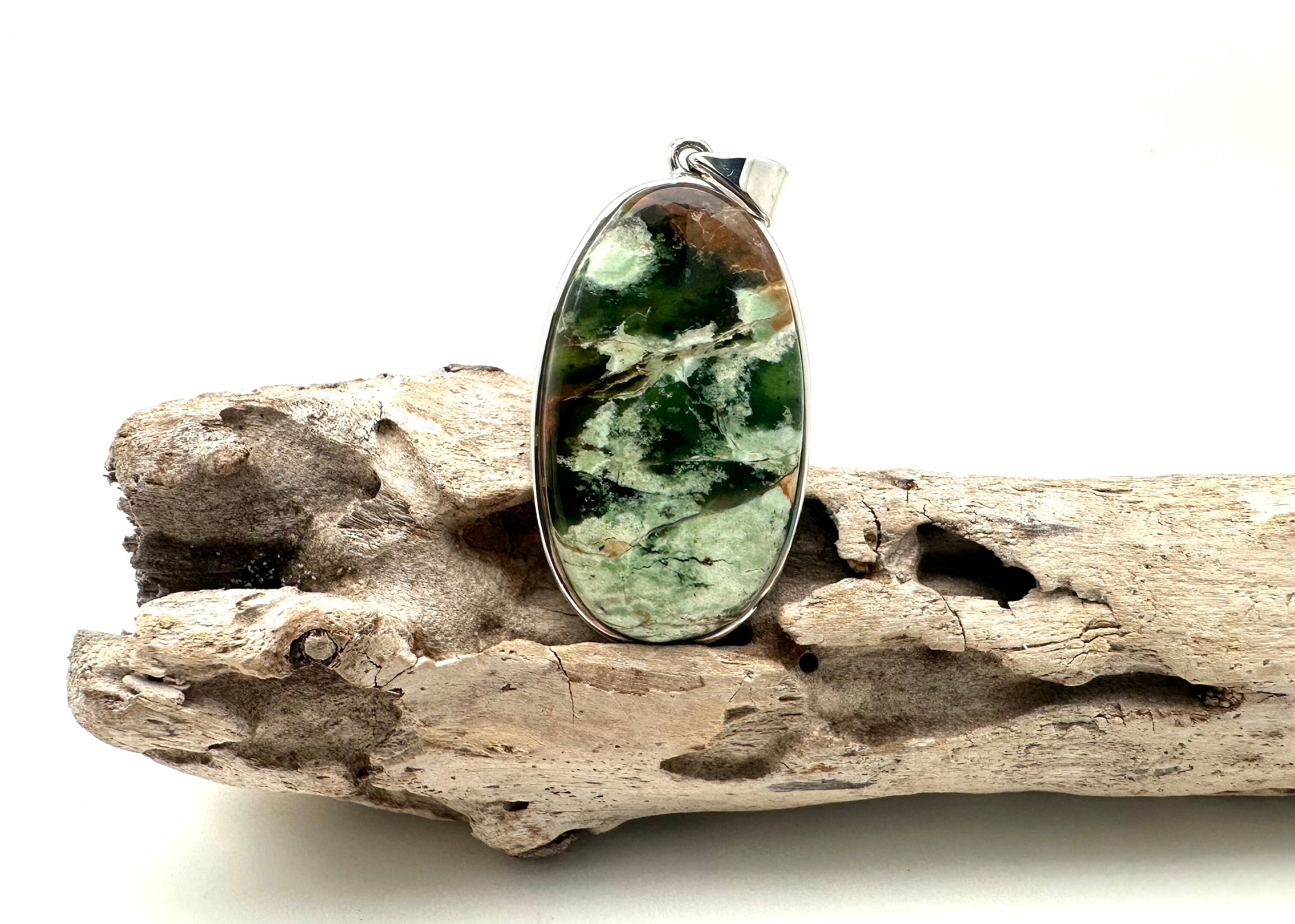 Chrysoprase Pendant, 925 Sterling Silver, Natural Stone (45mm)