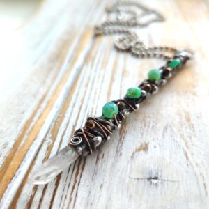 Gemstone Crystal Wand Necklace, Chrysoprase Hematite, Artisan Soldered, Rustic, Silver, Boho