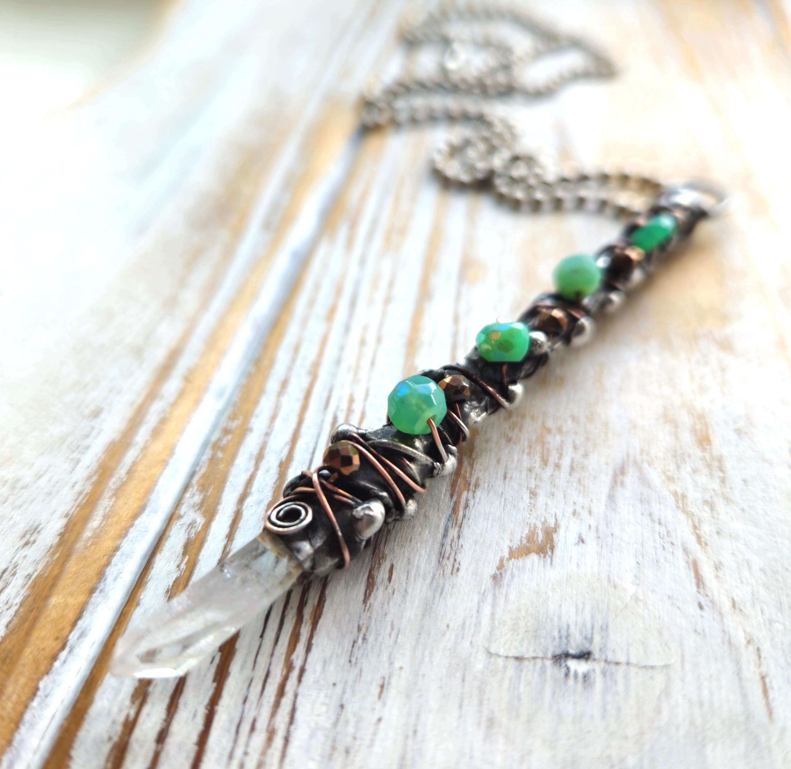 Gemstone Crystal Wand Necklace, Chrysoprase Hematite, Artisan Soldered, Rustic, Silver, Boho
