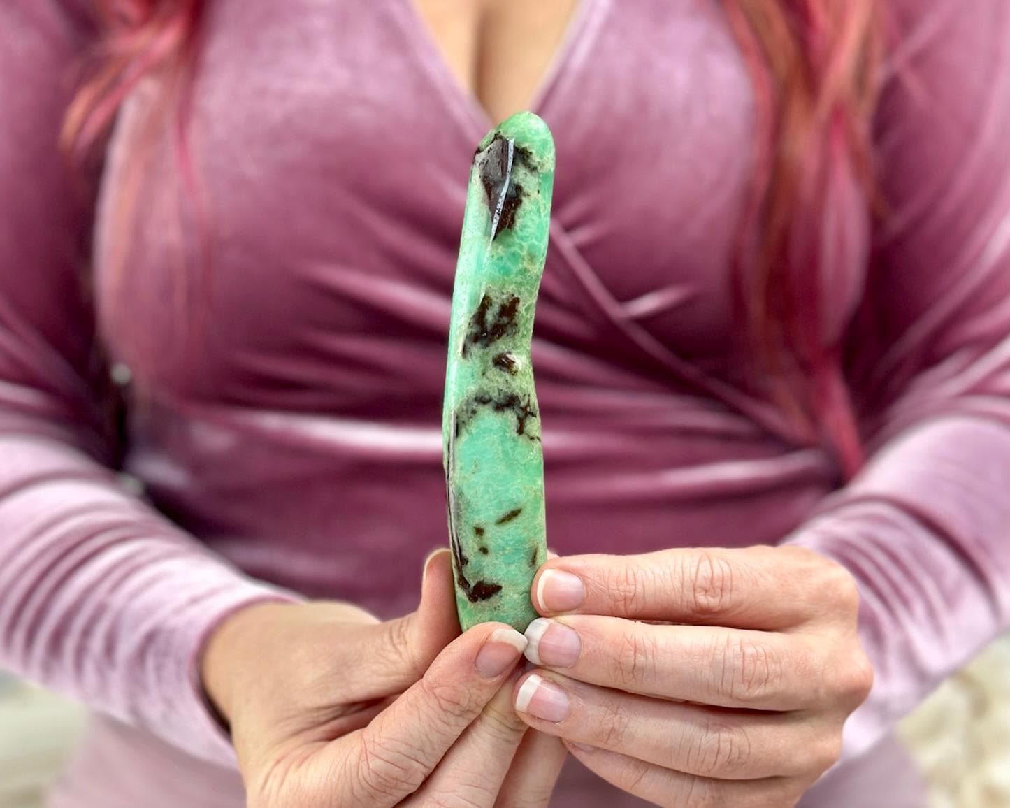 Green Chrysoprase Wand From Australia | Polished Crystal With Natural Matrix Green Chrysoprase Wand From Australia | Polished Crystal With Natural Matrix