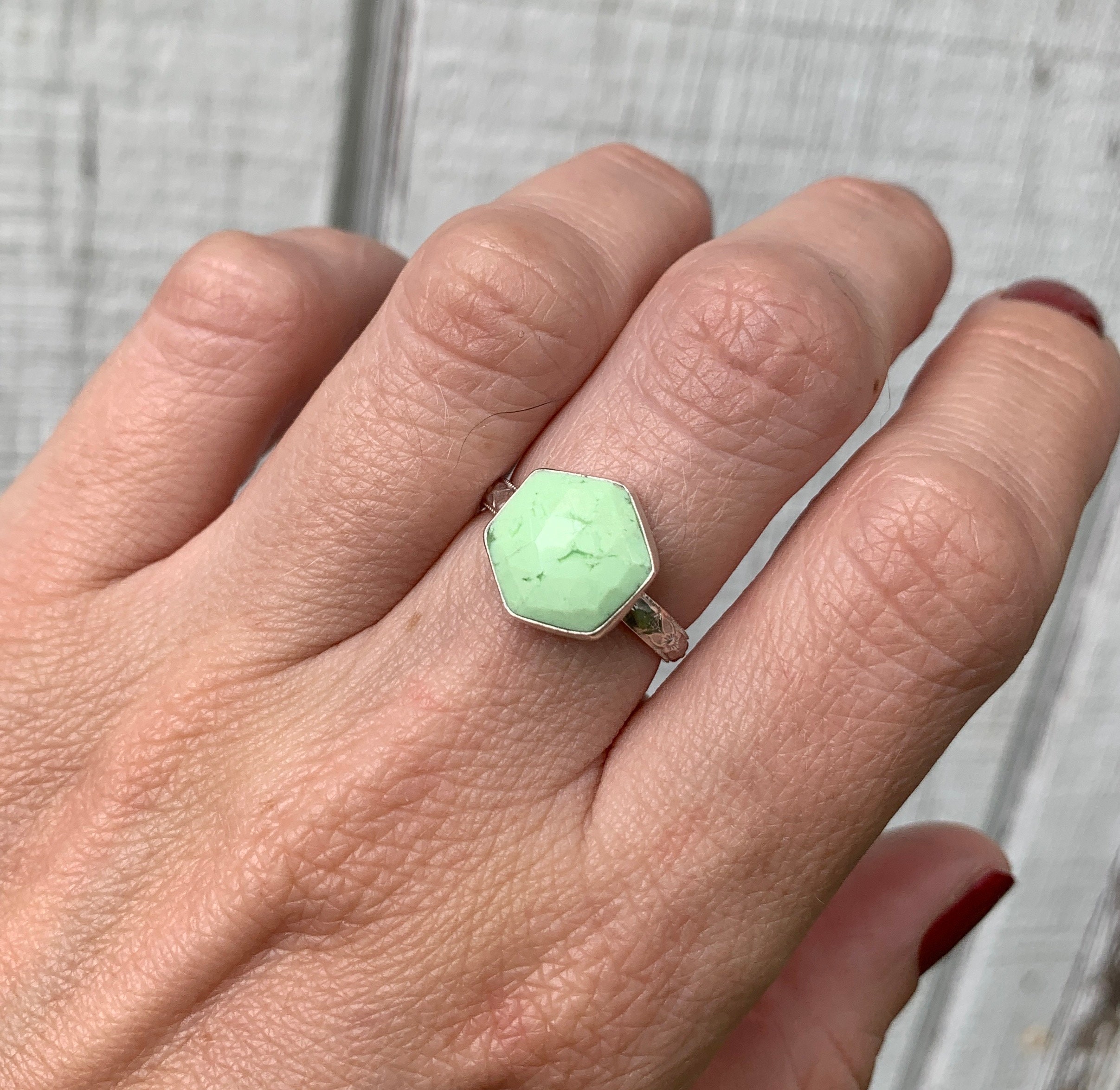 Elegant Hexagon Shape Lime Green Faceted Chrysoprase Sterling Silver Solitaire Ring | Green Stone Ring | Faceted Green Gemstone Ring | Boho