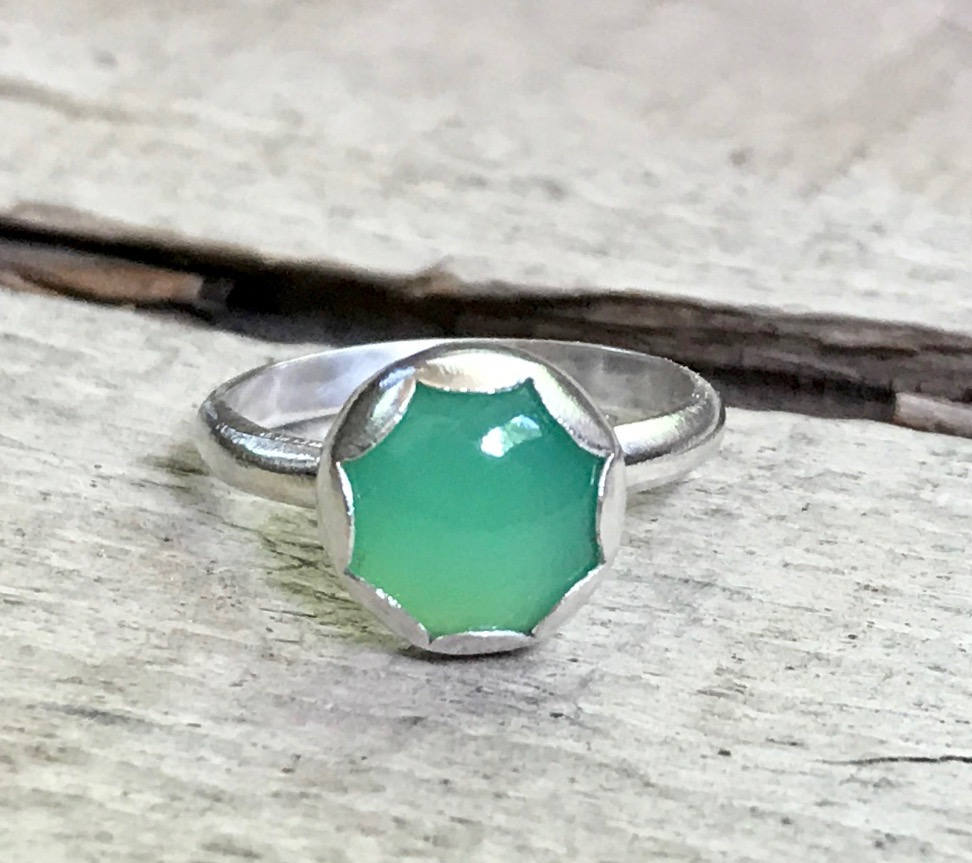 Elegant Minimalist Bright Green Chrysoprase Solitaire Sterling Silver Ring | Green Gemstone Ring | Chrysoprase Ring | Silver Ring |
