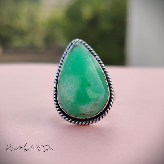 Chrysoprase Gemstone Ring: Handmade 925 Sterling Silver Pear Jewelry