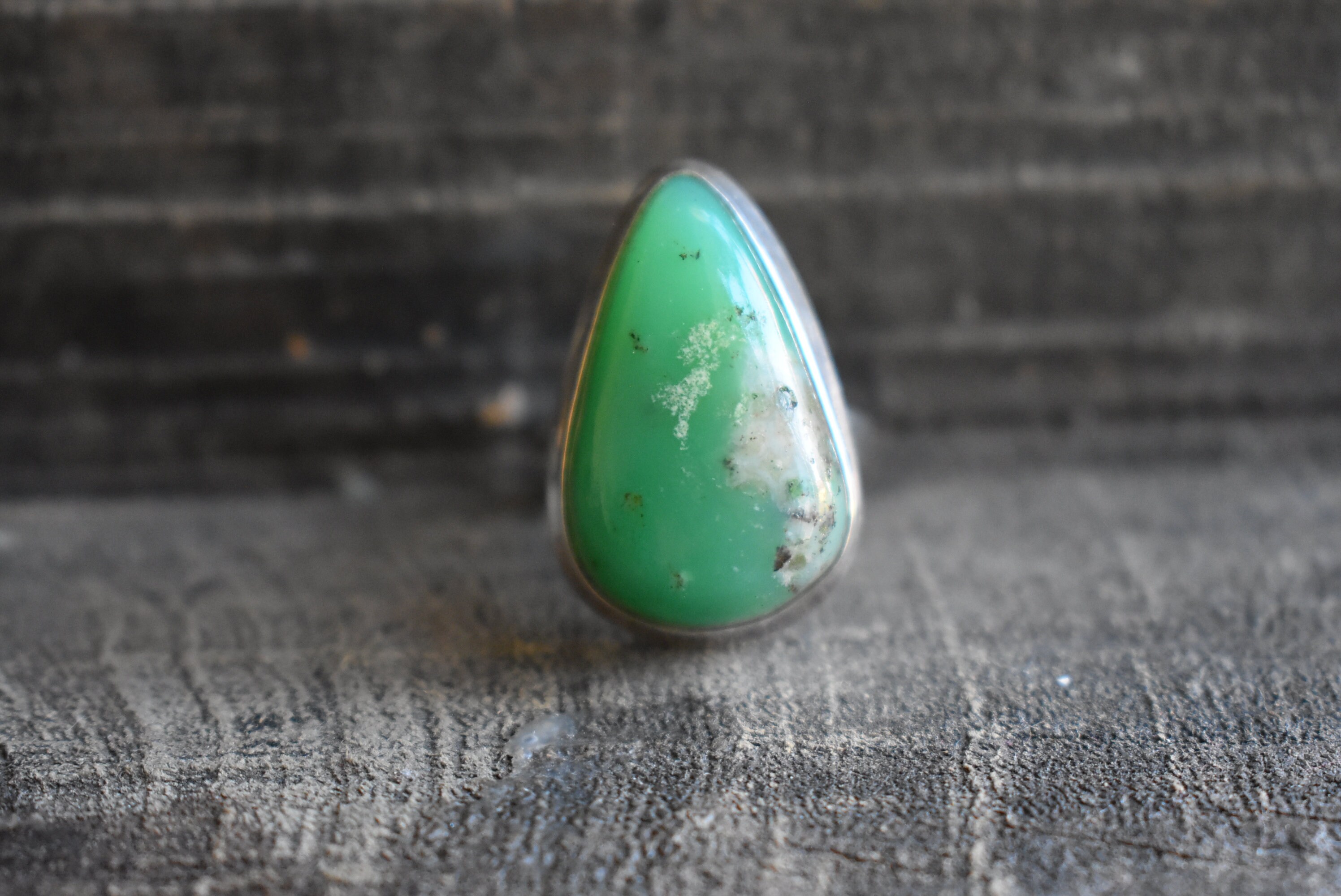 Green Chrysoprase Ring, 925 Silver, Drop Shape