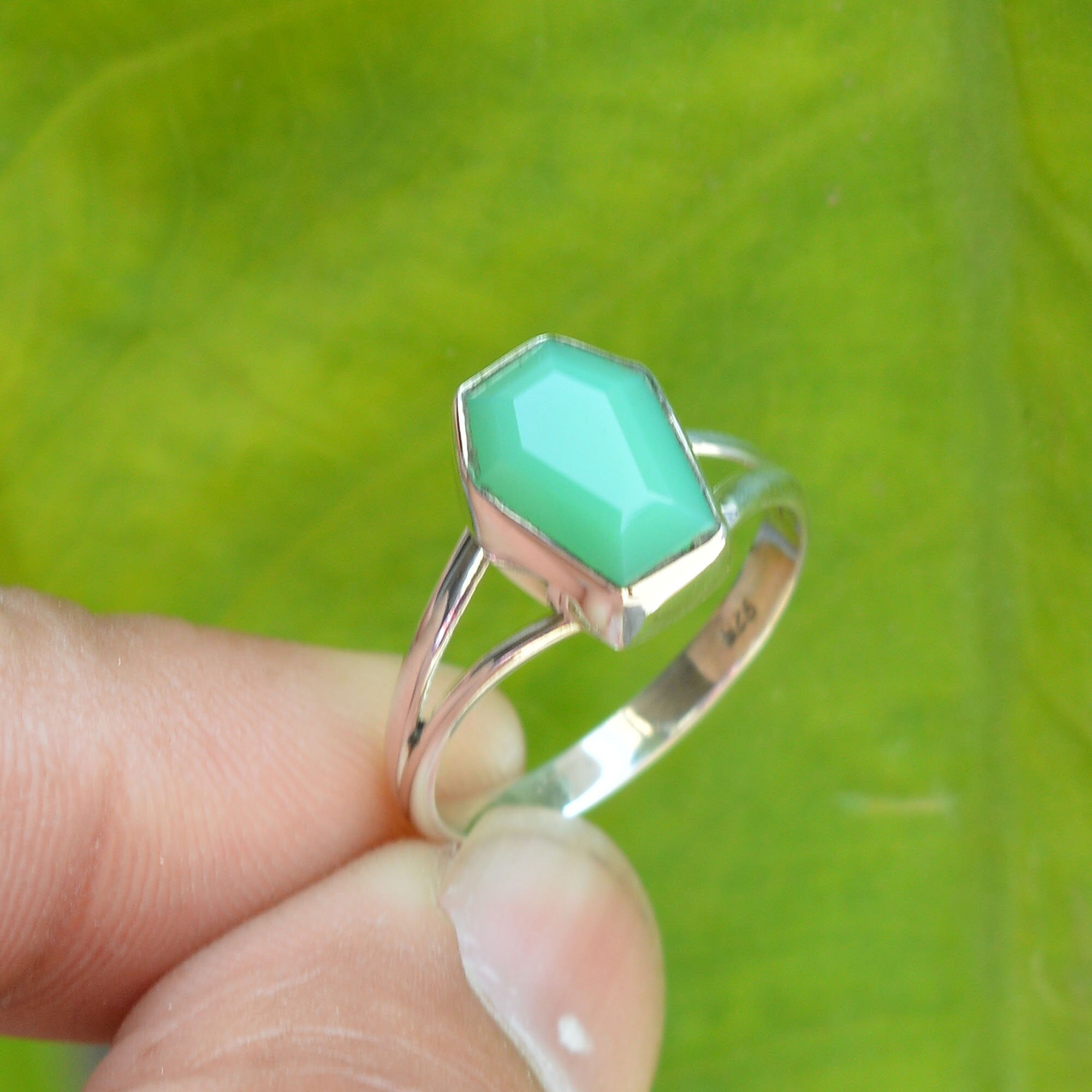Green Chrysoprase Coffin Ring, Handmade 925 Sterling Silver