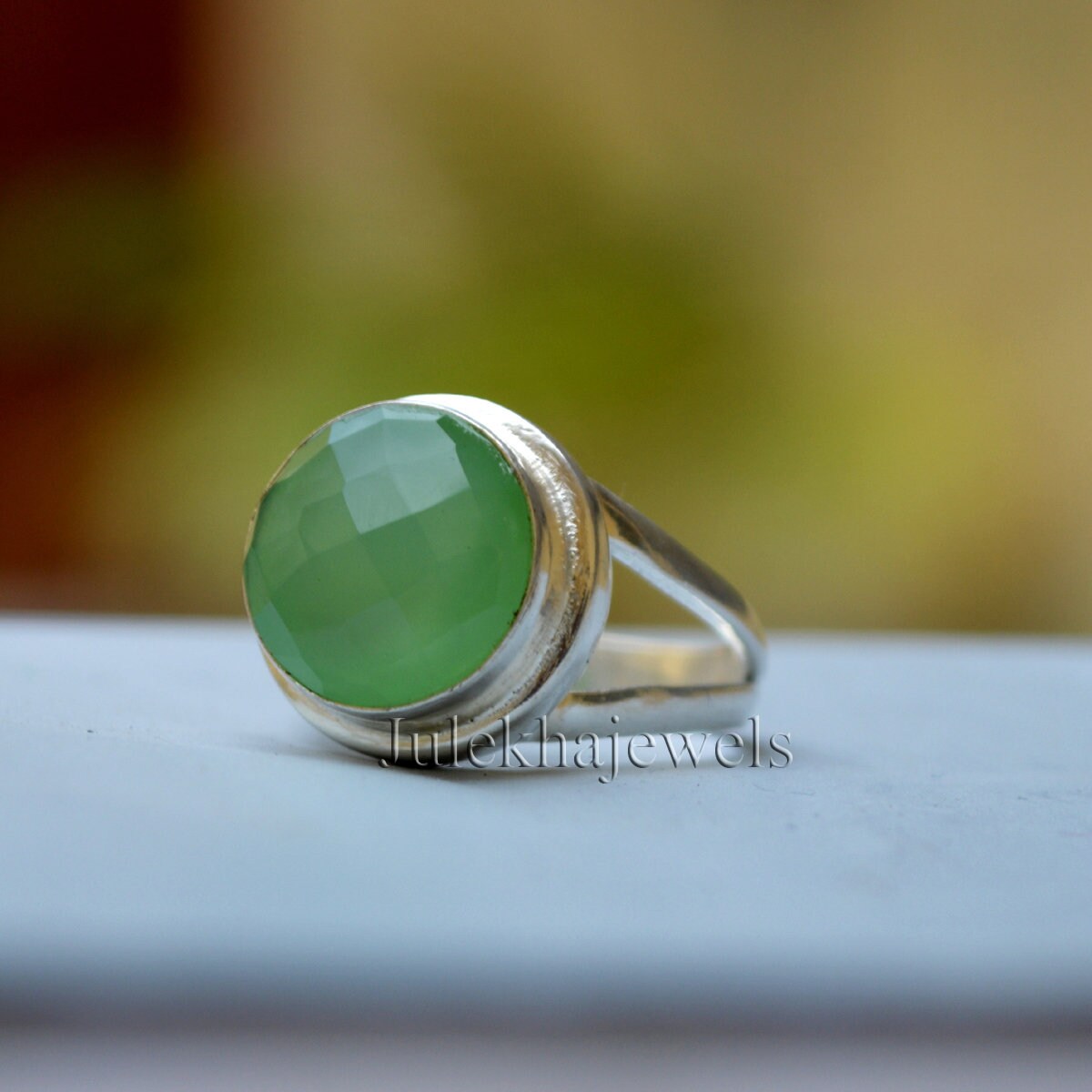 Green Chrysoprase Ring: Round Rose Cut Gemstone, Sterling Silver & Gold Fill Green Chrysoprase Ring: Round Rose Cut Gemstone, Sterling Silver & Gold Fill