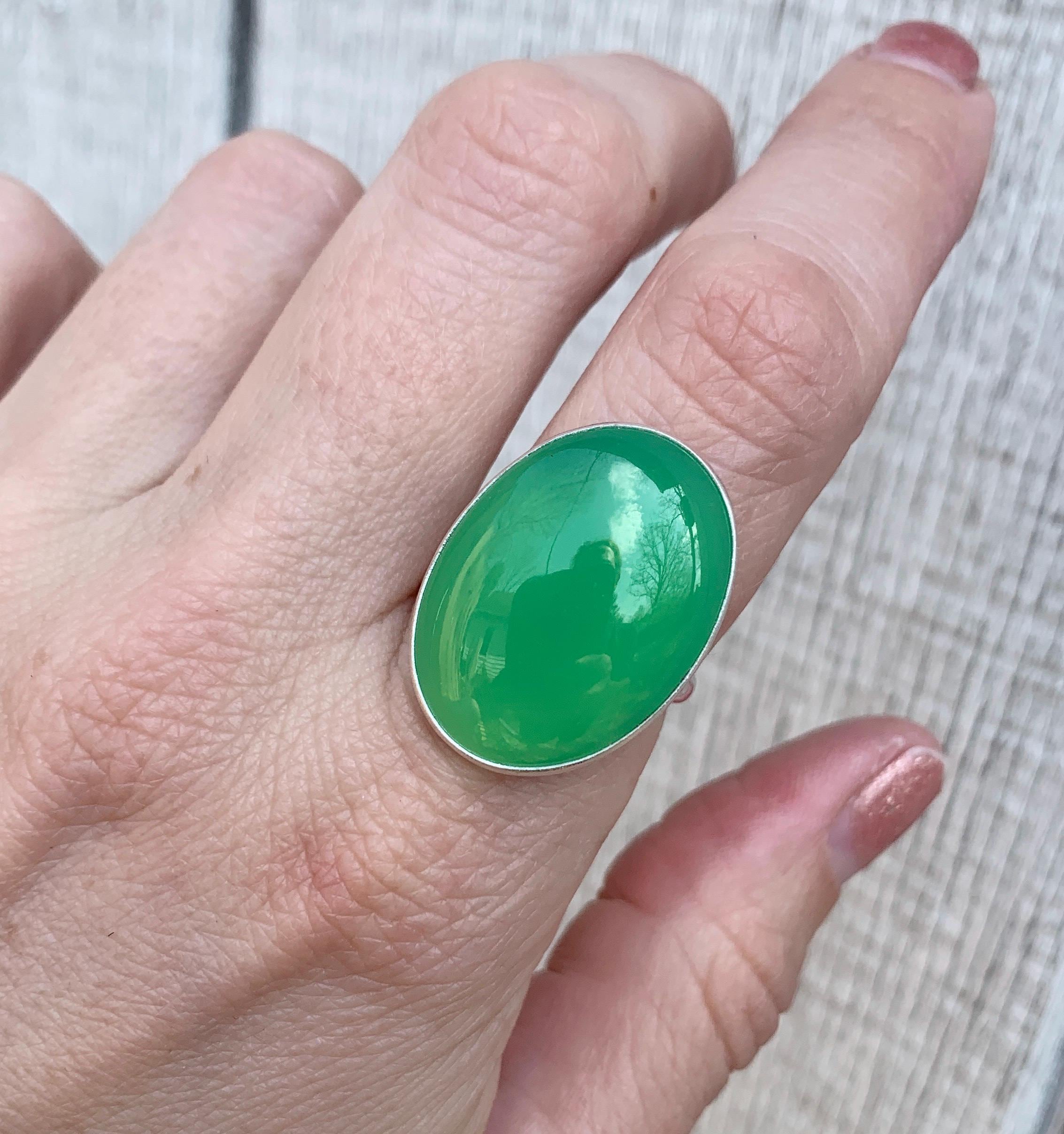Large Oval Bright Green Chrysoprase Sterling Silver Ring | Large Oval Green Stone | Made To Order | Gifts For Her | Unique Stone Ring