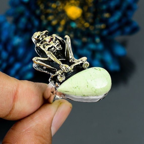Lemon Chrysoprase Skeleton Ring: Handmade 925 Sterling Silver Adjustable Jewelry