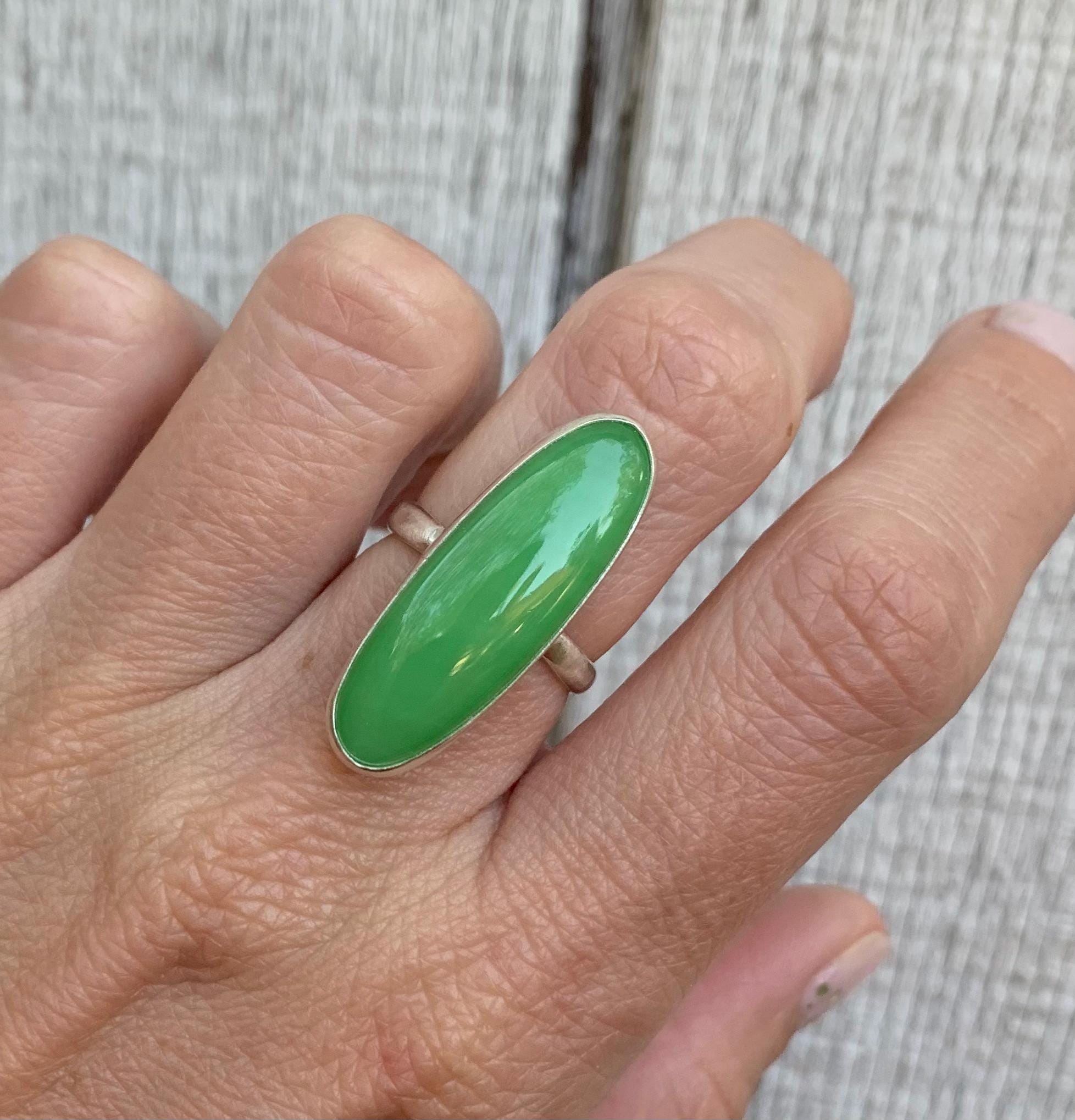 Long Oval Green Chrysoprase Sterling Silver Ring , Green Stone Ring , Gifts For Her , Statement Ring , Made To Order