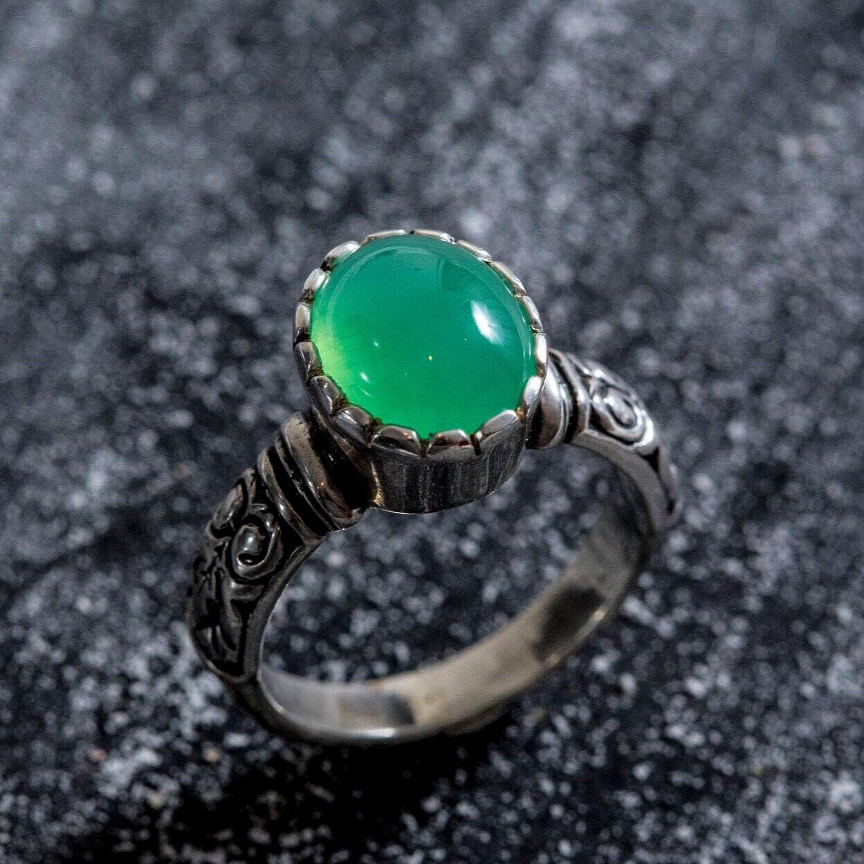 Chrysoprase Ring, Natural Chrysoprase, Green Boho Ring, Silver Vintage Ring, Ethnic Ring, Oval Solitaire Ring, Embossed Ring, Rare By Adina