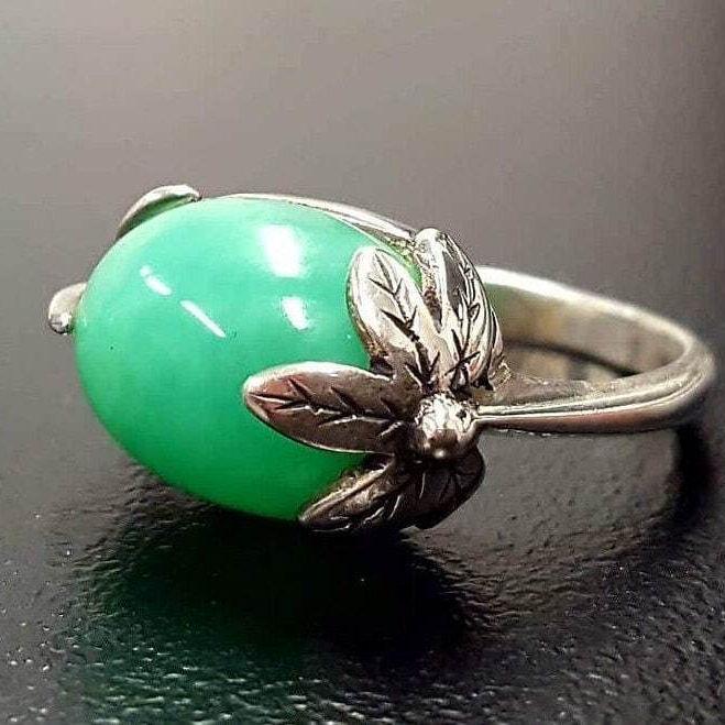 Chrysoprase Ring, Natural Chrysoprase, Green Leaf Ring, May Birthstone Ring, Green Leaf Ring, Vintage Statement Ring, Rare By Adina