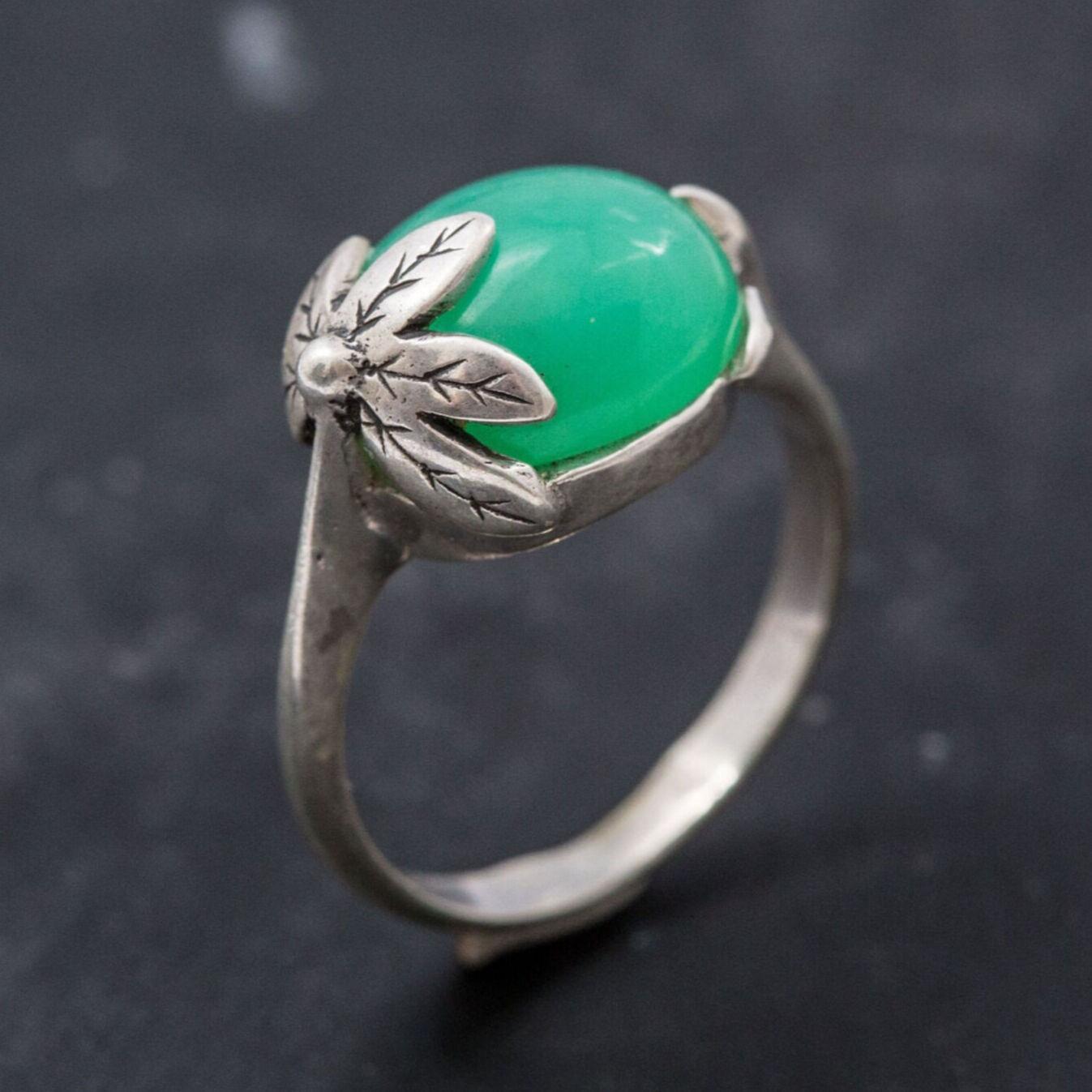 Chrysoprase Ring, Natural Chrysoprase Ring, Silver Leaf Ring, Green Vintage Ring, Statement Oval Ring, Artistic Ring, Rare By Adina
