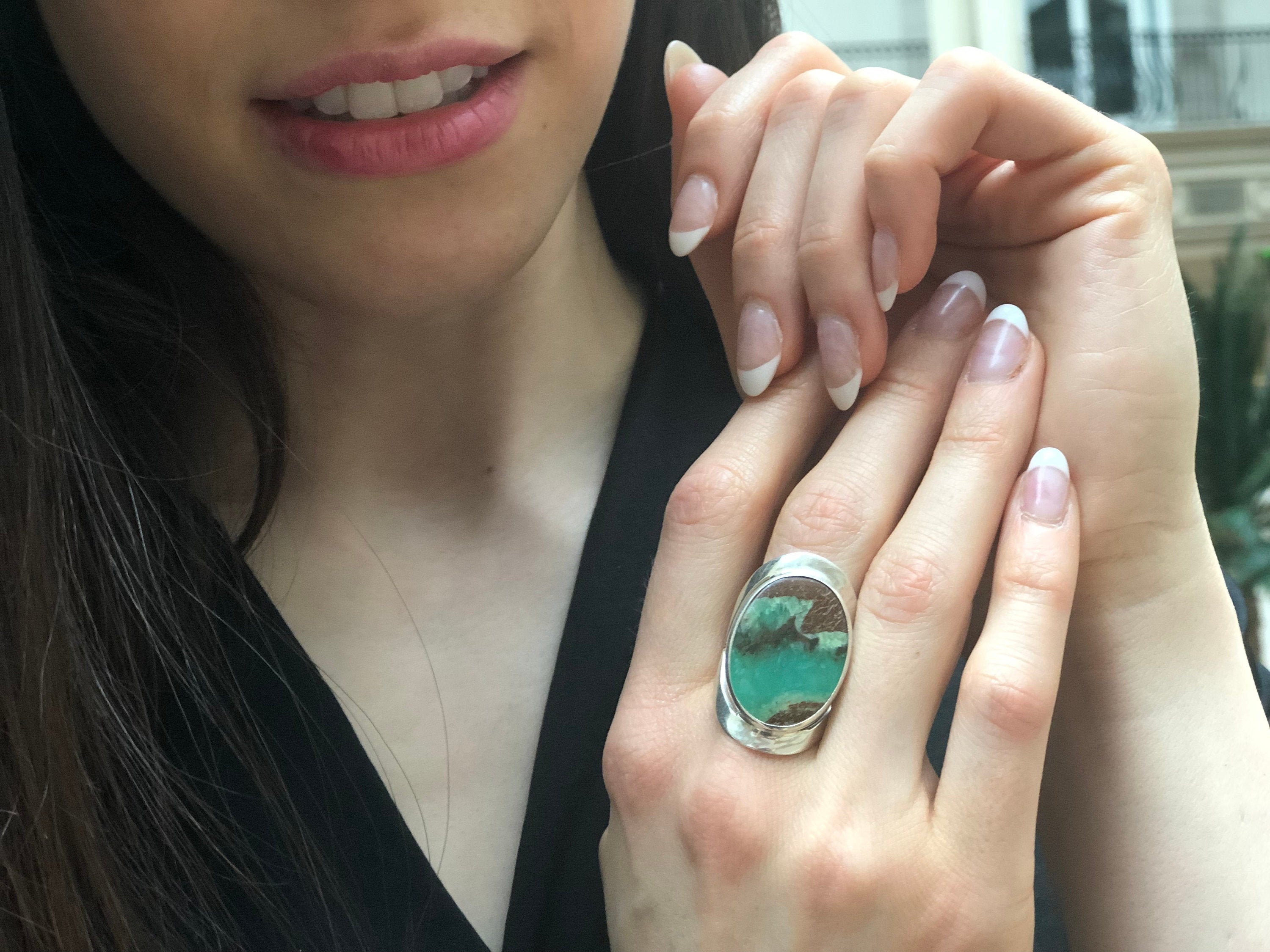 Chrysoprase Ring, Natural Chrysoprase, Statement Ring, Large Oval Ring, Raw Metrix Chrysoprase, Long Ring, Big Green Ring, Solid Silver Ring