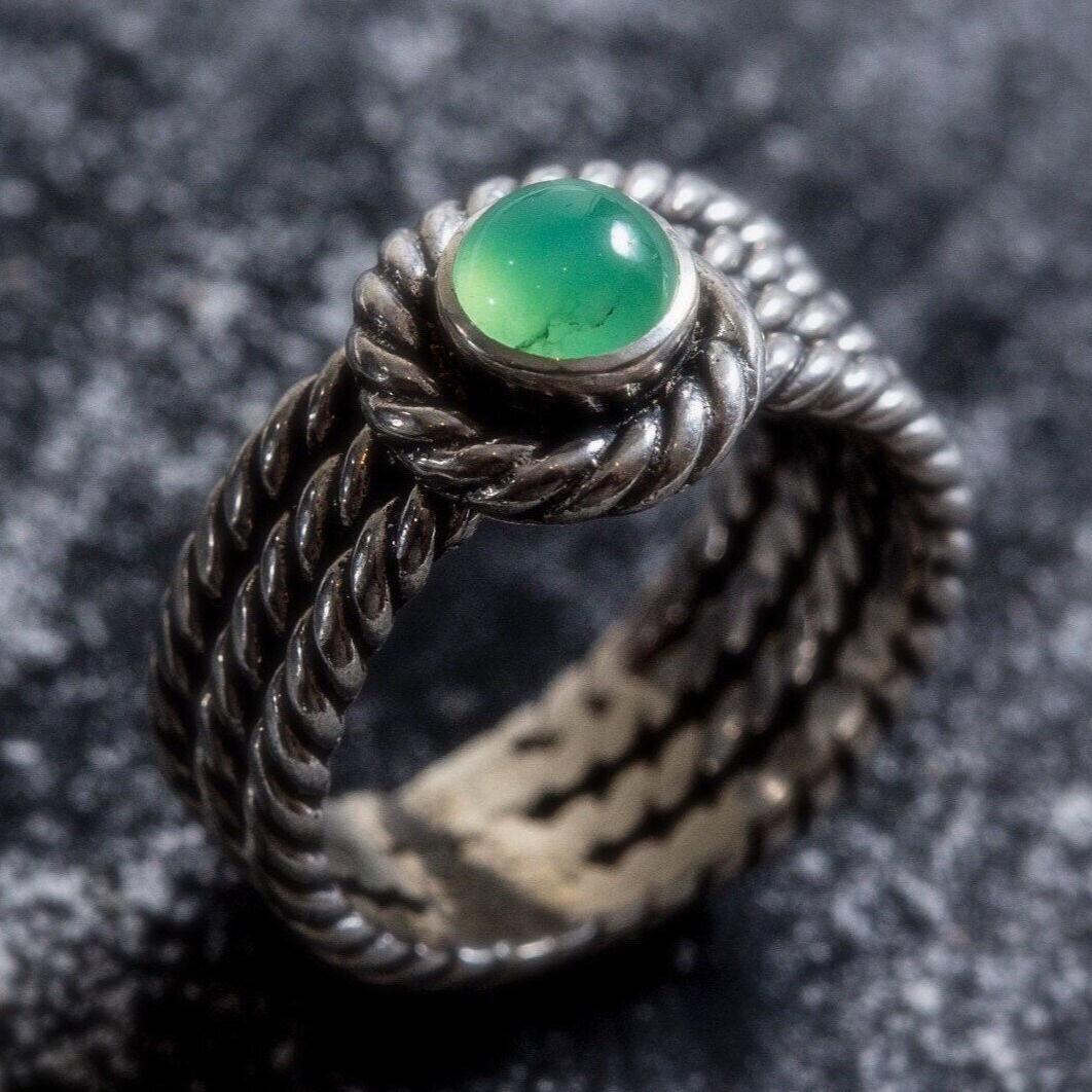 Chrysoprase Ring, Natural Chrysoprase, Triple Rope Band, Round Green Ring, Wide Green Ring, Solid Silver Ring, For Her, Bands By Adina