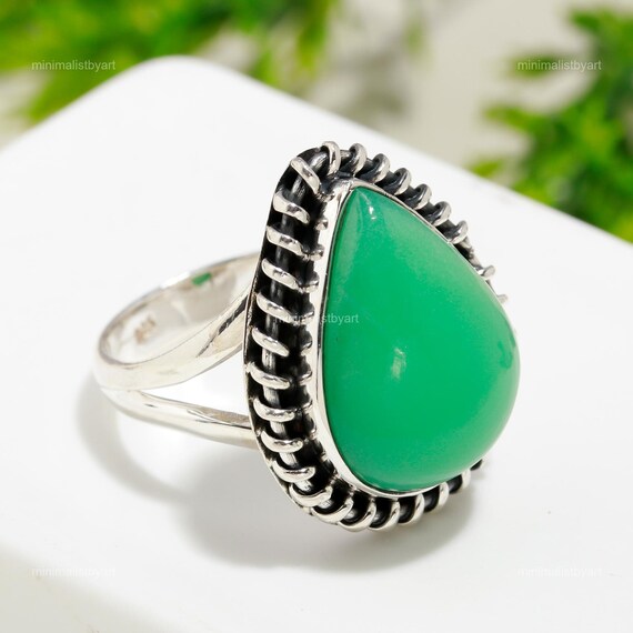 Chrysoprase Ring: Pear Green Gemstone, Sterling Silver Jewelry